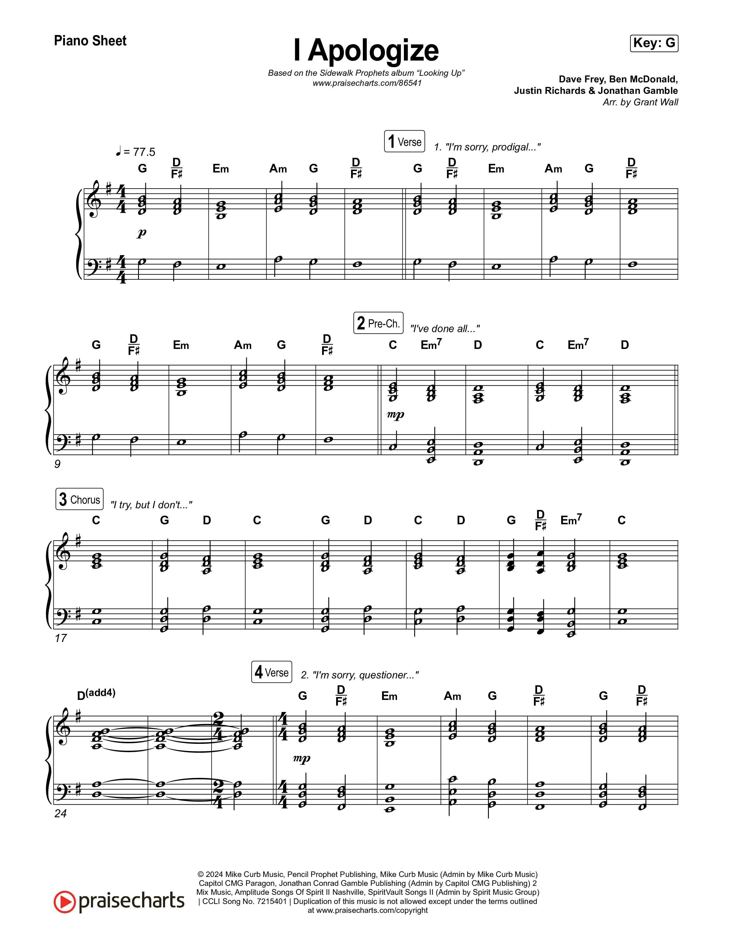 I Apologize Piano Sheet (Sidewalk Prophets)