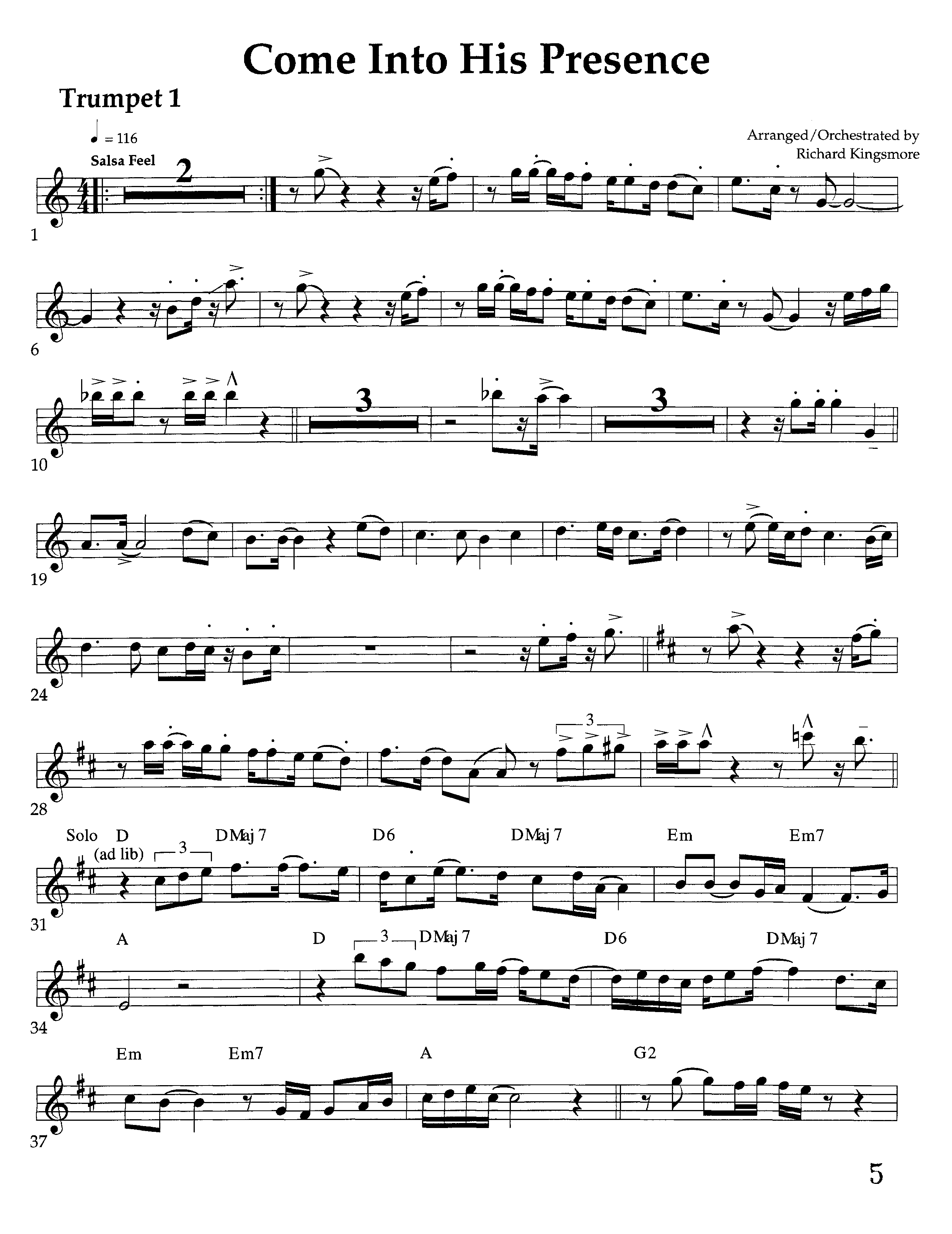 Come Into His Presence (Instrumental) Trumpet 1 (Lifeway Worship / Arr. Richard Kingsmore)