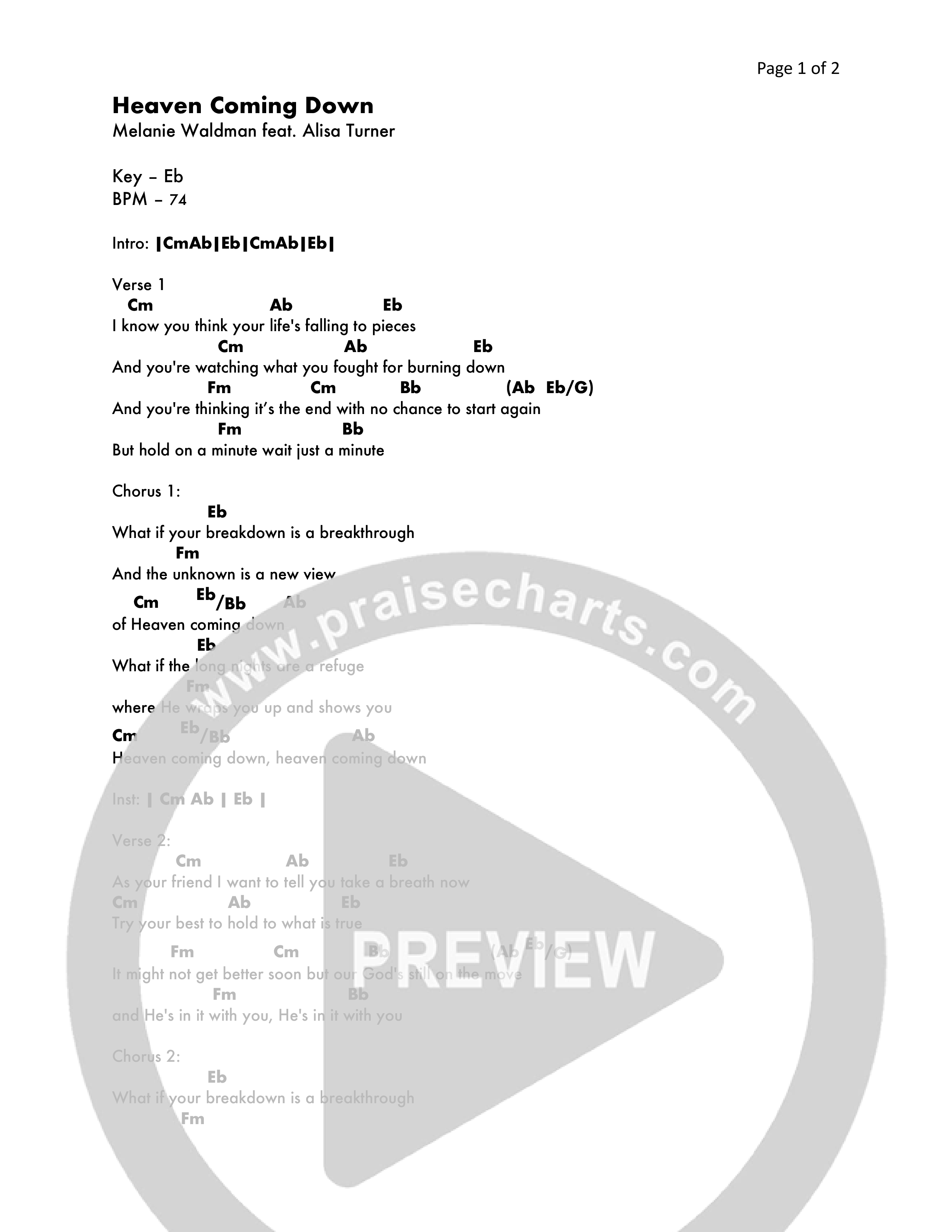 Heaven Coming Down Chord Chart (Melanie Waldman)