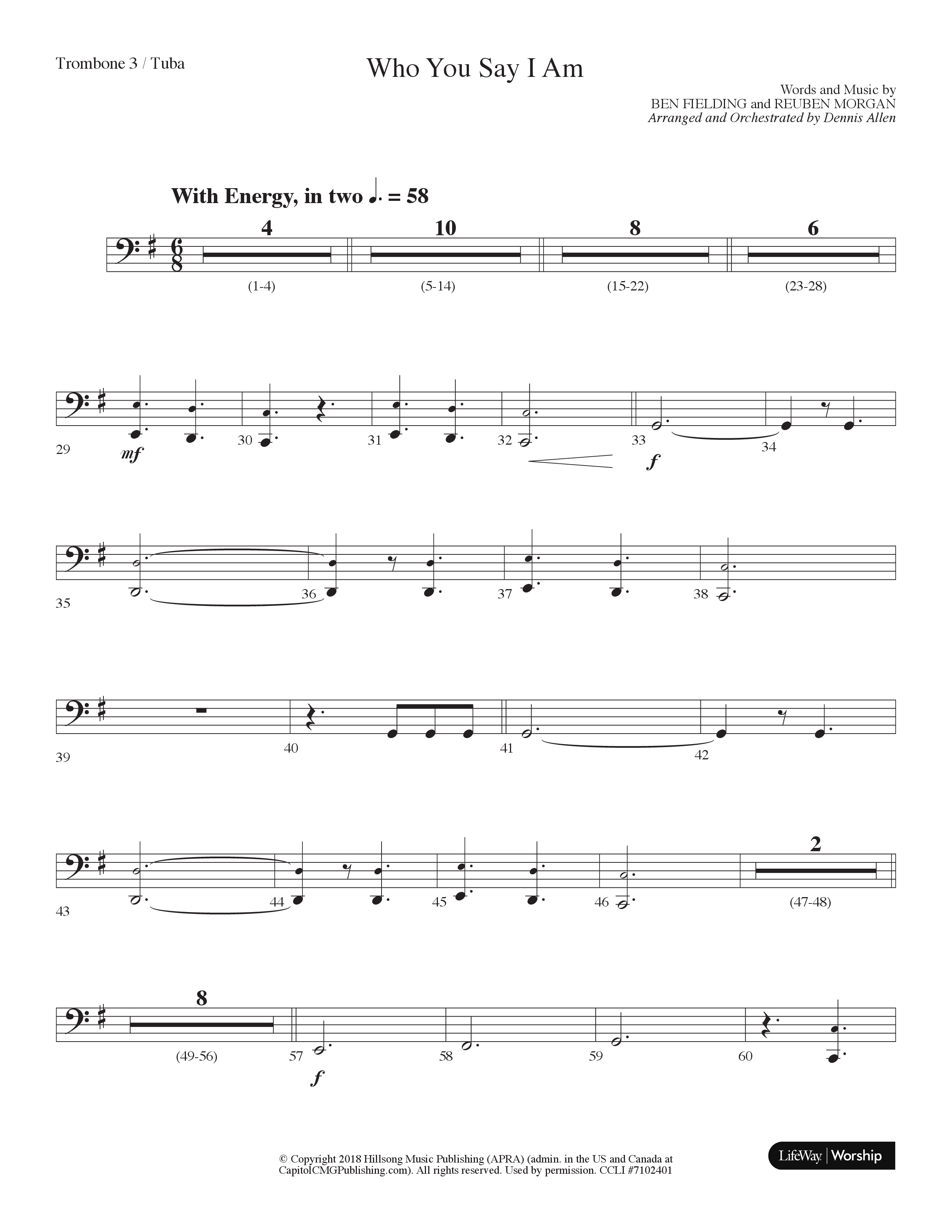 Who You Say I Am (Choral Anthem SATB) Trombone 3/Tuba (Lifeway Choral / Arr. Dennis Allen)