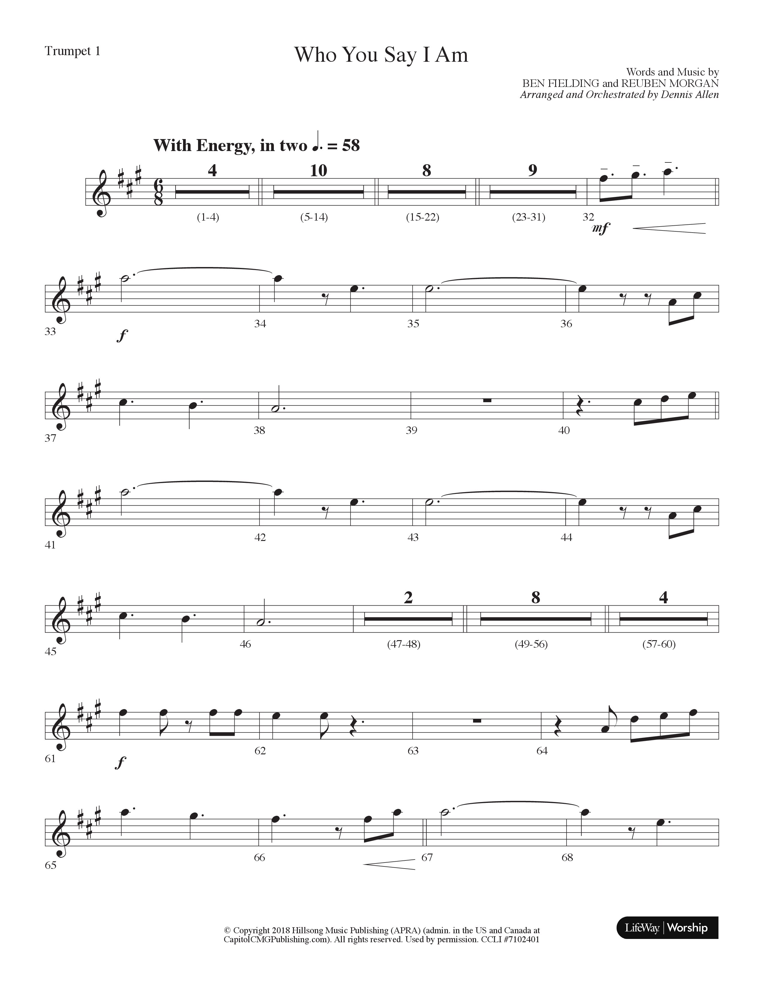 Who You Say I Am (Choral Anthem SATB) Trumpet 1 (Lifeway Choral / Arr. Dennis Allen)