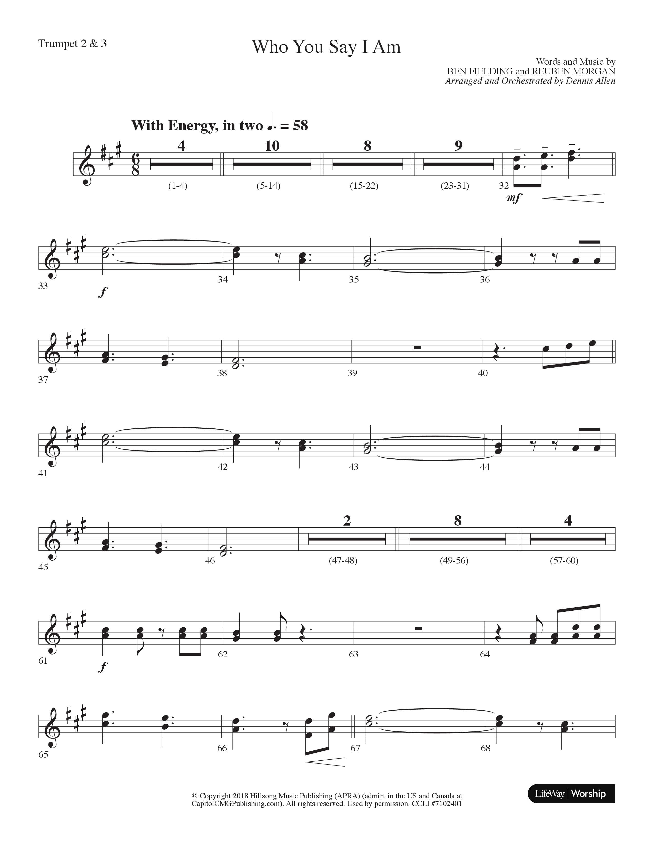 Who You Say I Am (Choral Anthem SATB) Trumpet 2/3 (Lifeway Choral / Arr. Dennis Allen)