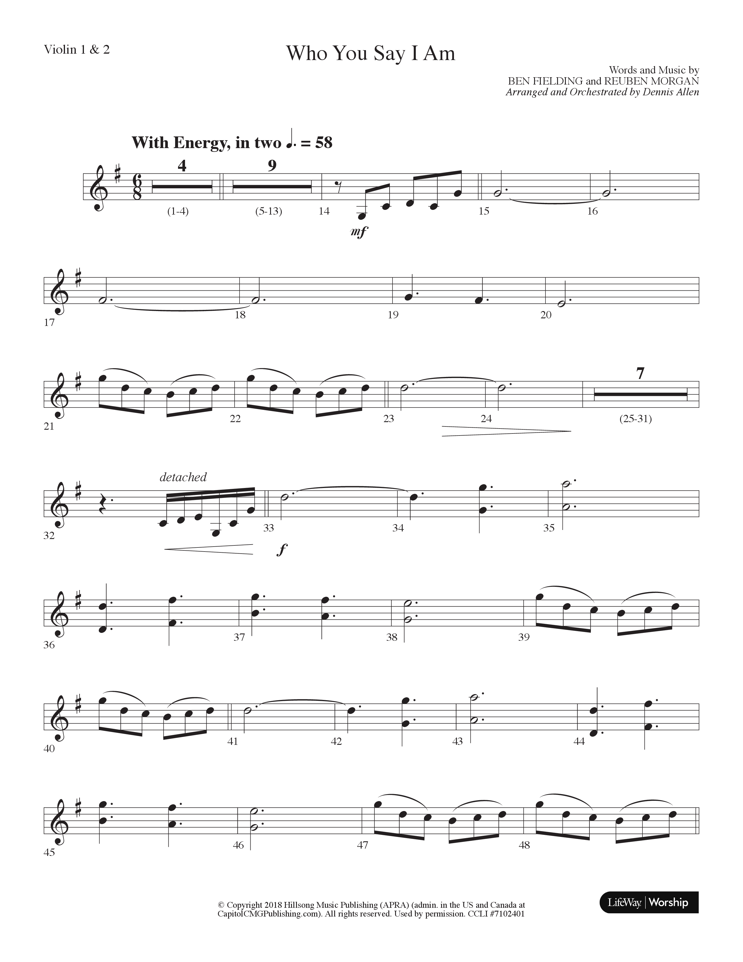 Who You Say I Am (Choral Anthem SATB) Violin 1/2 (Lifeway Choral / Arr. Dennis Allen)