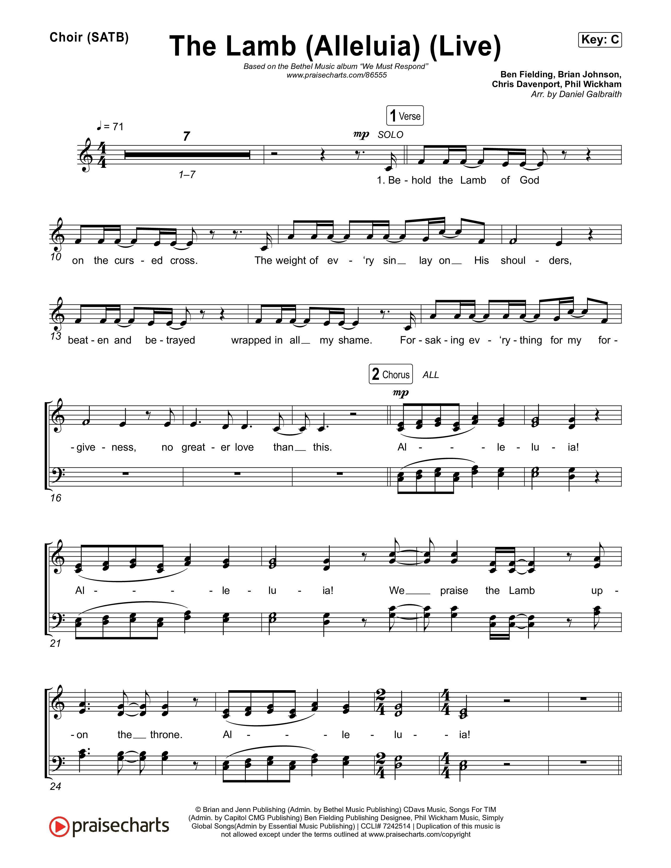 The Lamb (Alleluia) (Live) Choir Sheet (SATB) (Bethel Music)