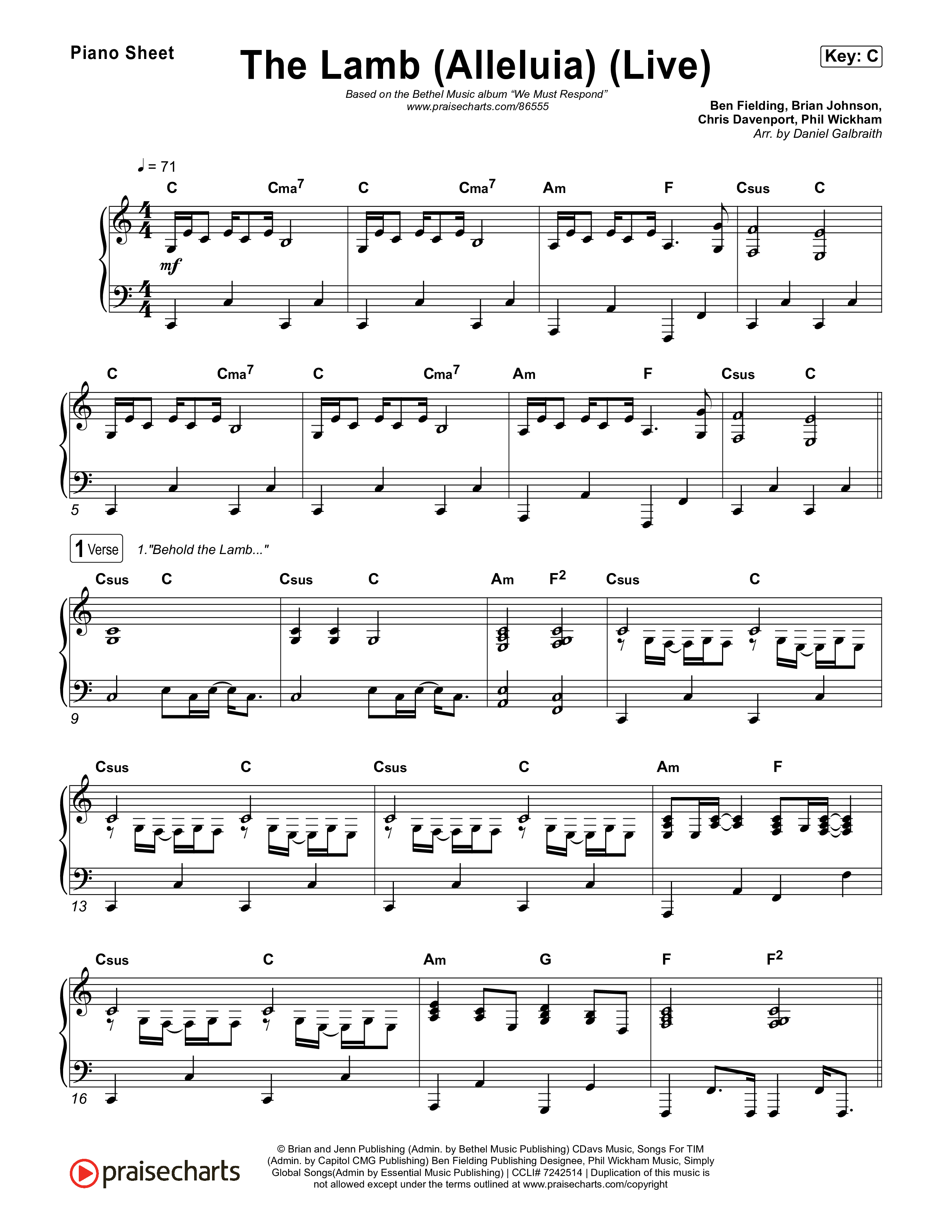 The Lamb (Alleluia) (Live) Piano Sheet (Bethel Music)