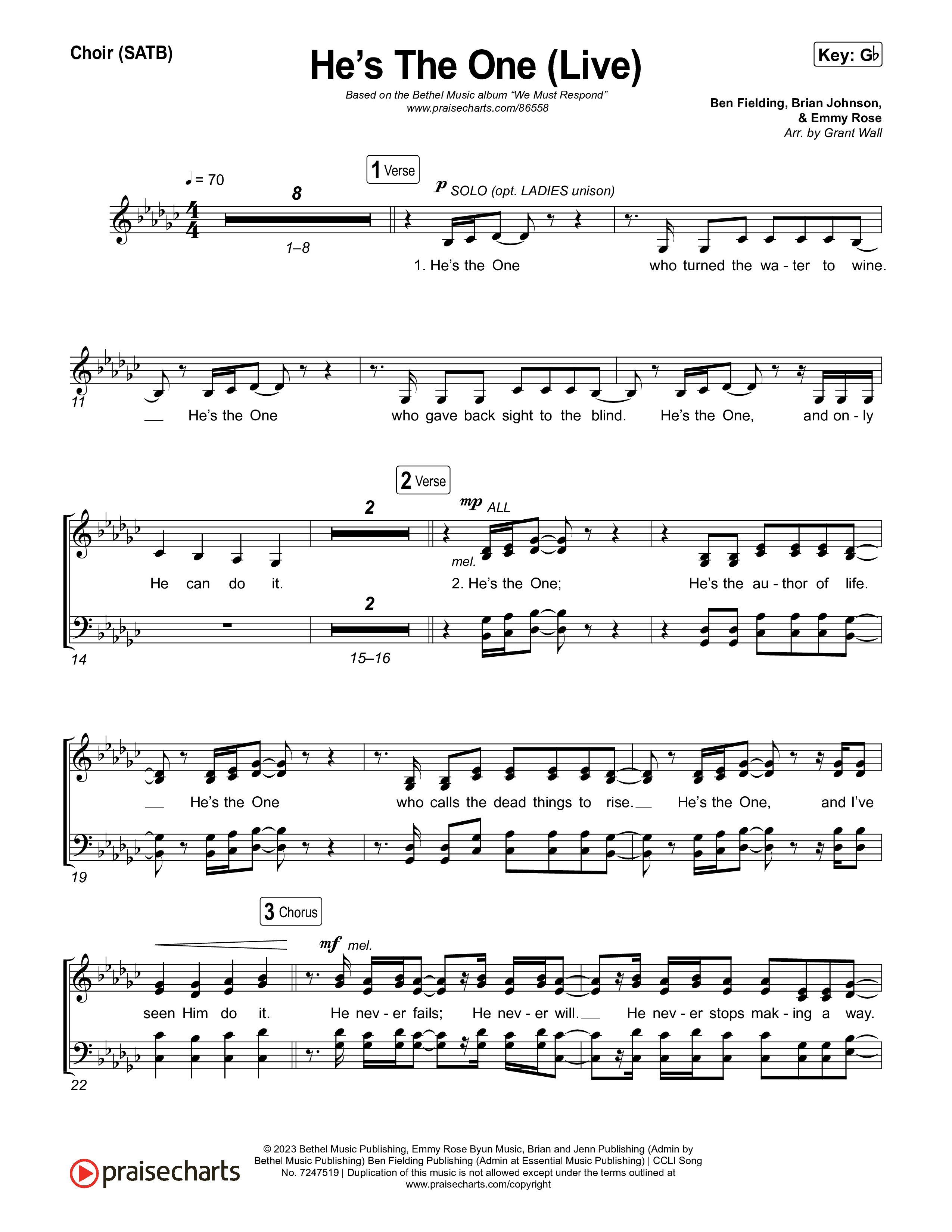 He's The One (Live) Choir Sheet (SATB) (Bethel Music)