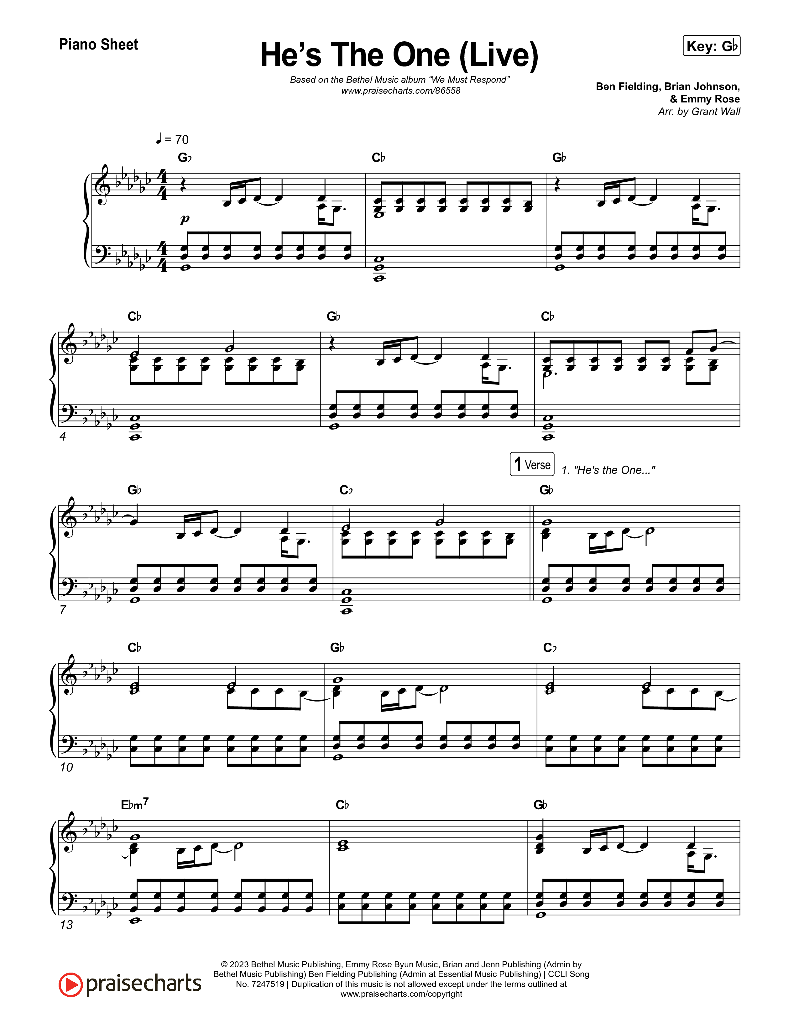 He's The One (Live) Piano Sheet (Bethel Music)