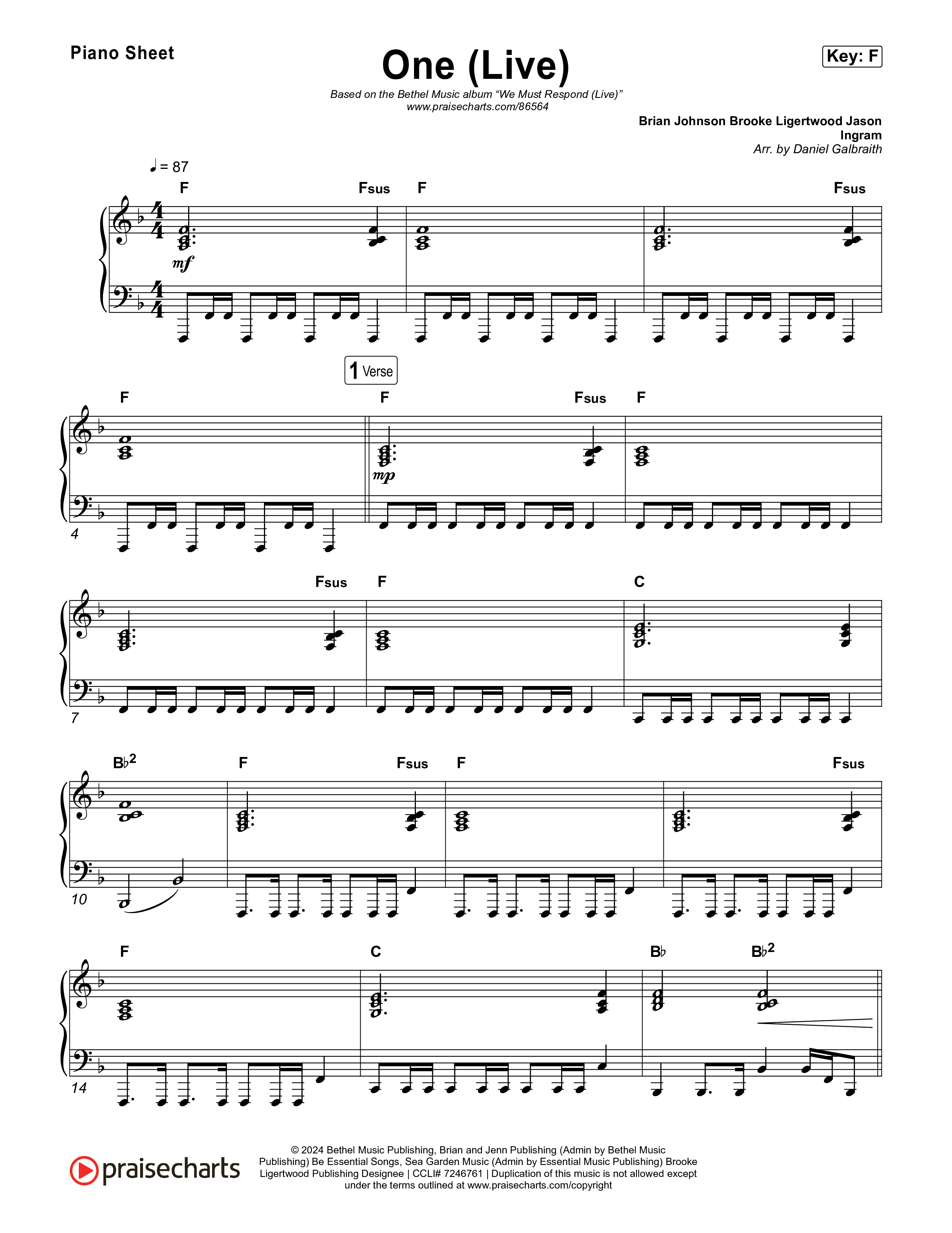 One (Live) Piano Sheet (Bethel Music)