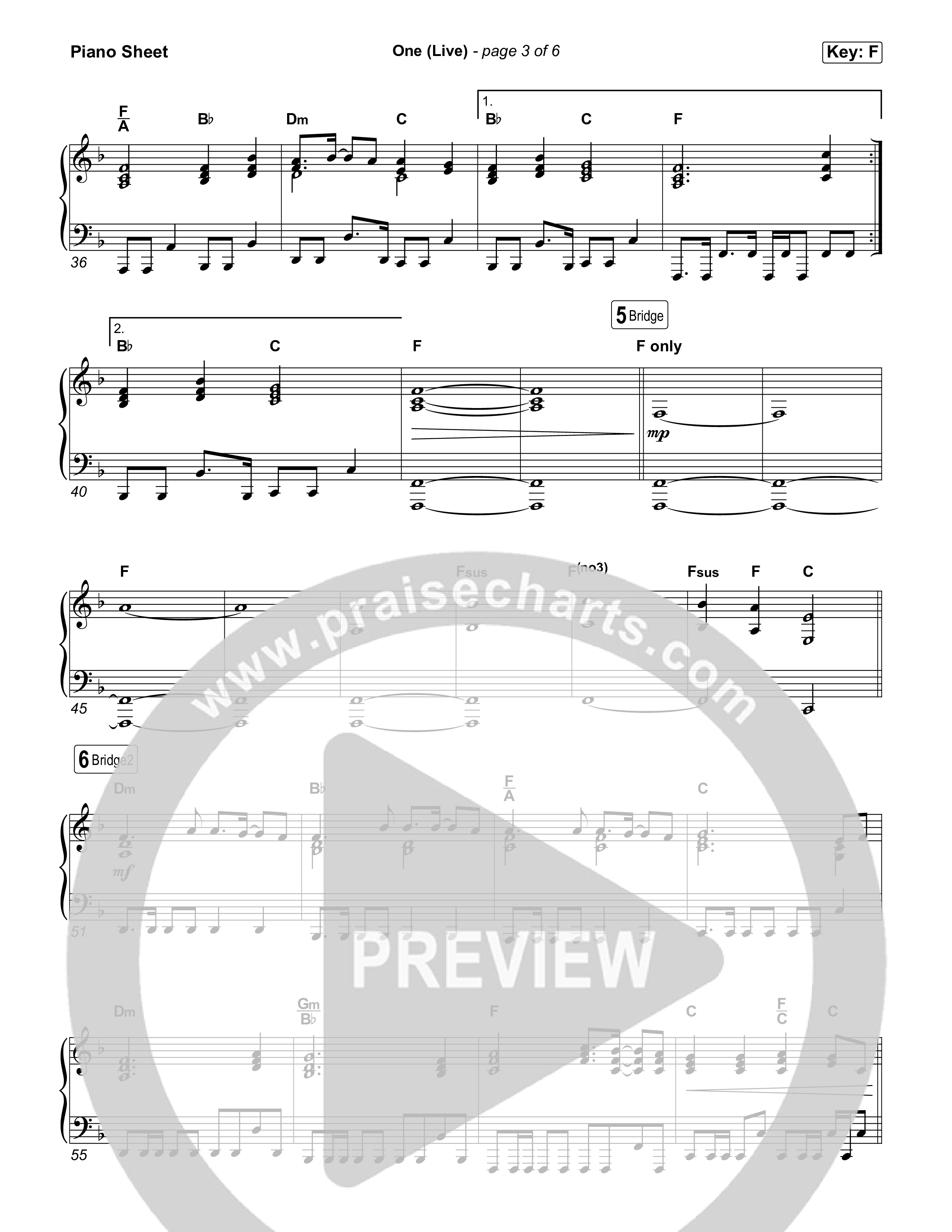 One (Live) Piano Sheet (Bethel Music)