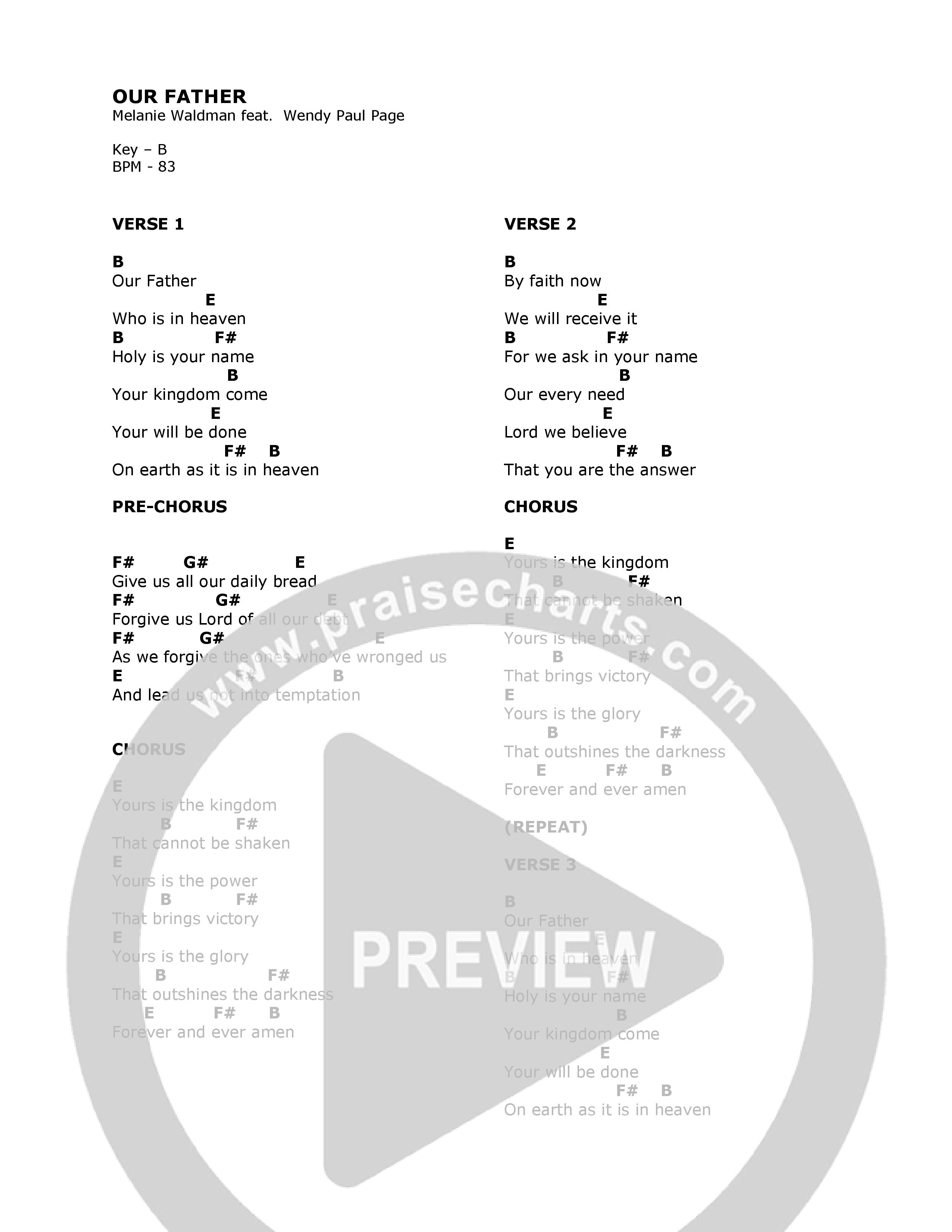 Our Father Chord Chart (Melanie Waldman)