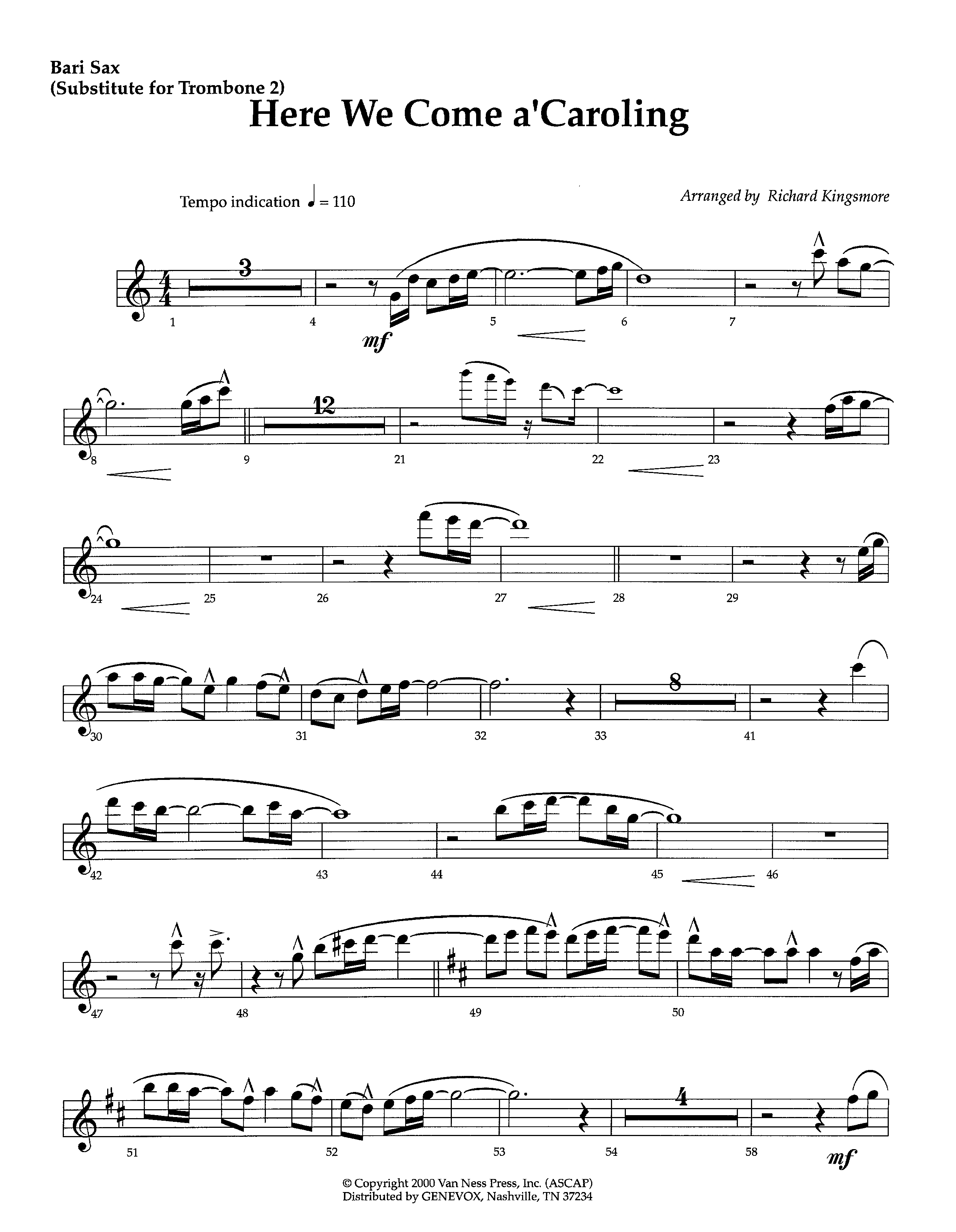 Here We Come A'Caroling (Instrumental) Bari Sax (Lifeway Worship / Arr. Richard Kingsmore)