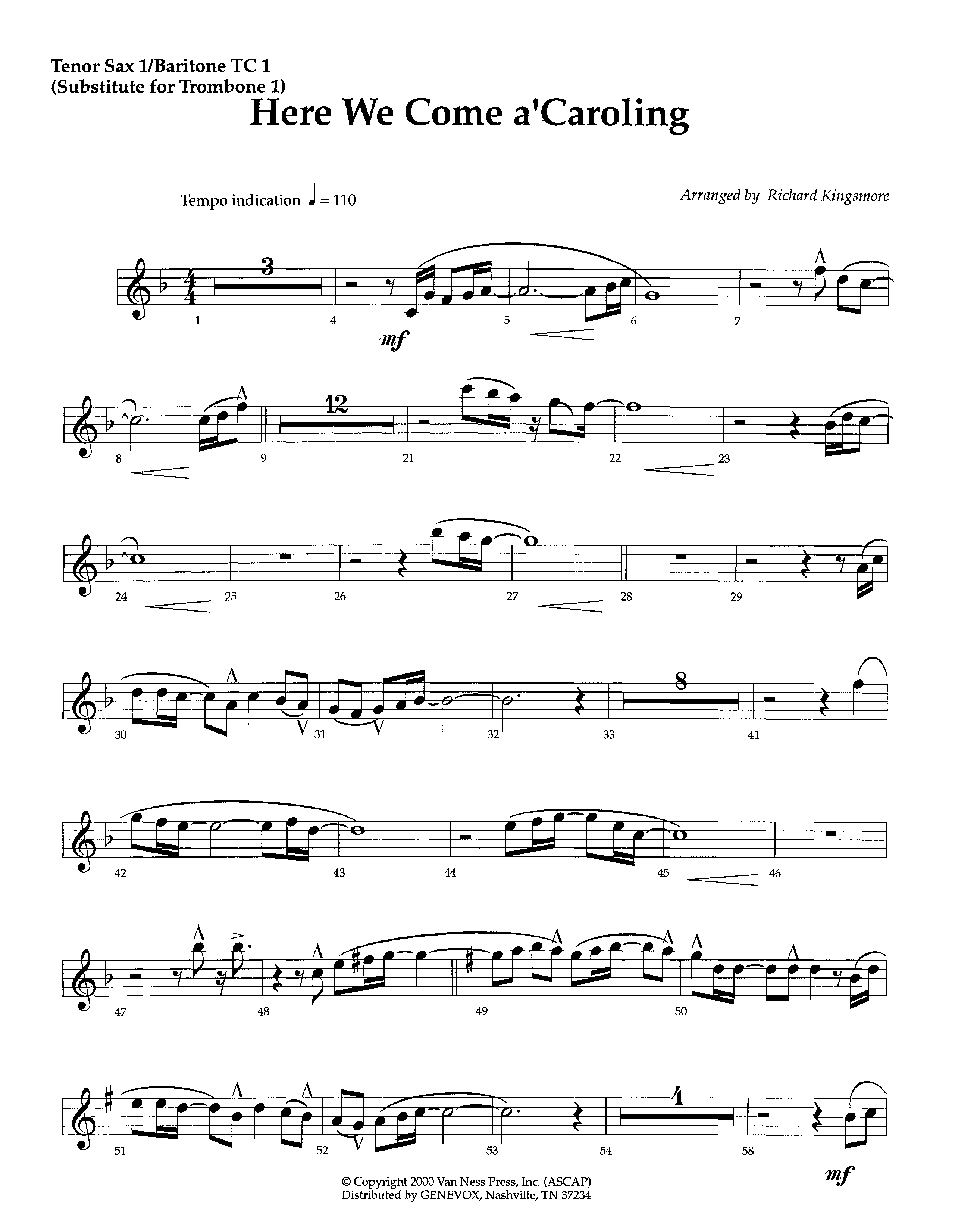 Here We Come A'Caroling (Instrumental) Tenor Sax/Baritone T.C. (Lifeway Worship / Arr. Richard Kingsmore)