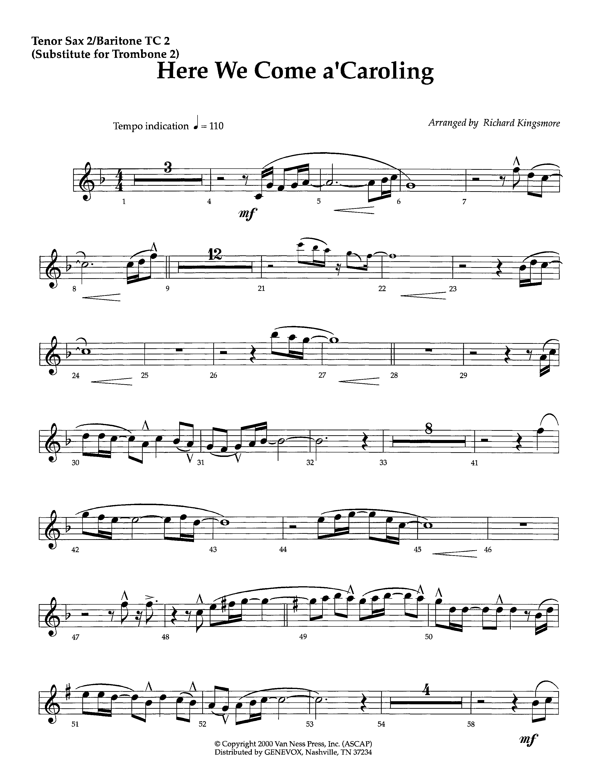Here We Come A'Caroling (Instrumental) Tenor Sax/Baritone T.C. (Lifeway Worship / Arr. Richard Kingsmore)