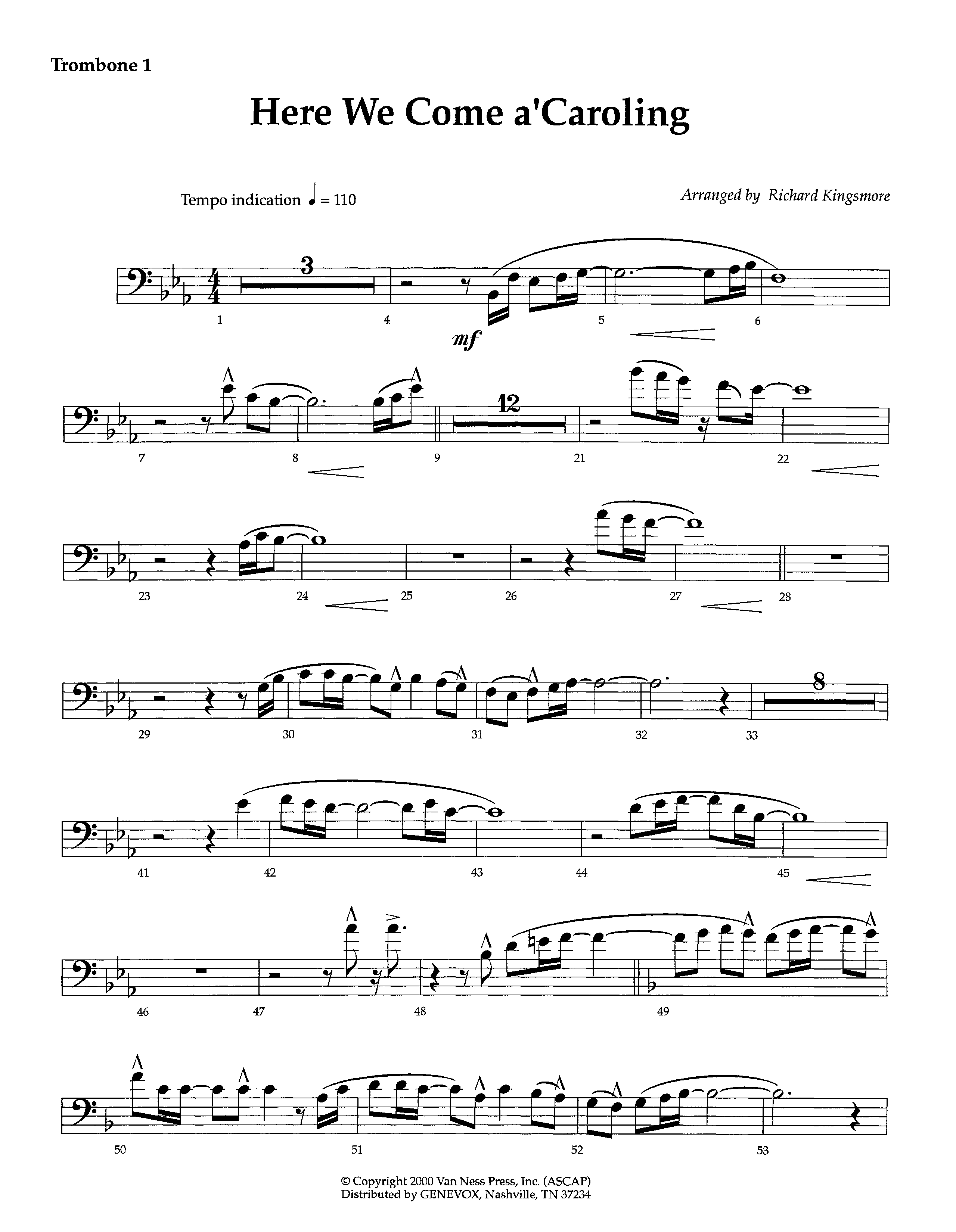 Here We Come A'Caroling (Instrumental) Trombone 1 (Lifeway Worship / Arr. Richard Kingsmore)