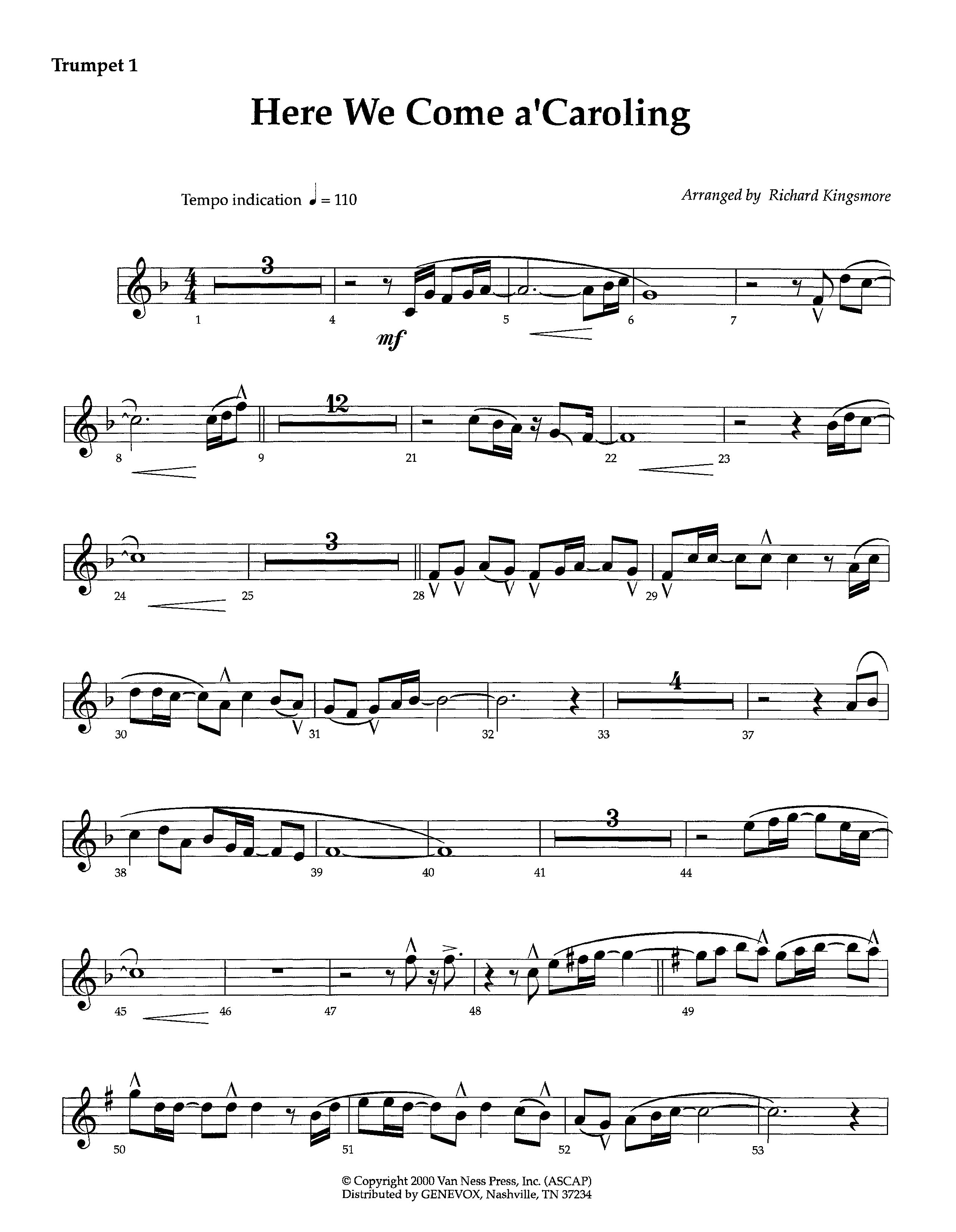 Here We Come A'Caroling (Instrumental) Trumpet 1 (Lifeway Worship / Arr. Richard Kingsmore)