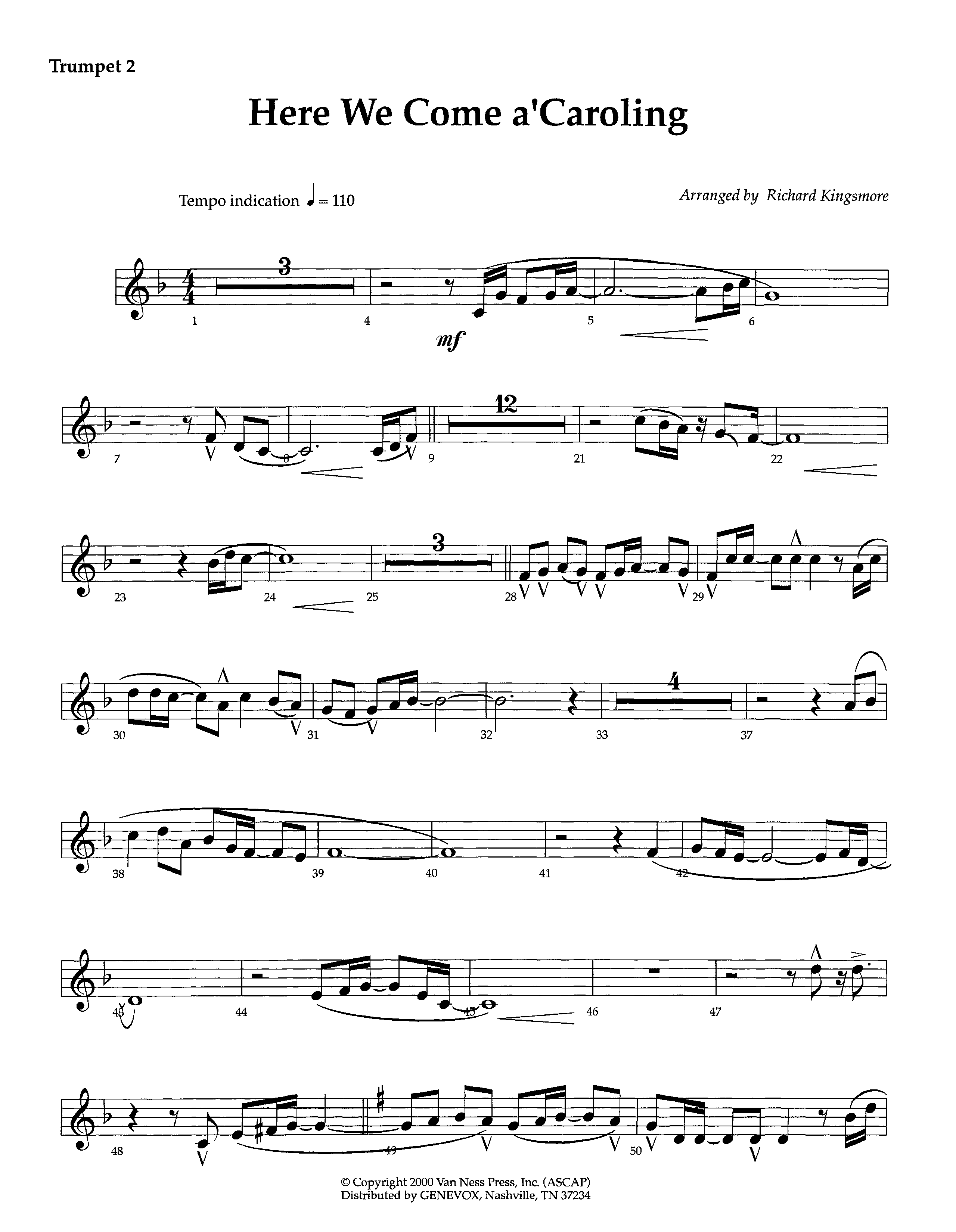 Here We Come A'Caroling (Instrumental) Trumpet 2 (Lifeway Worship / Arr. Richard Kingsmore)