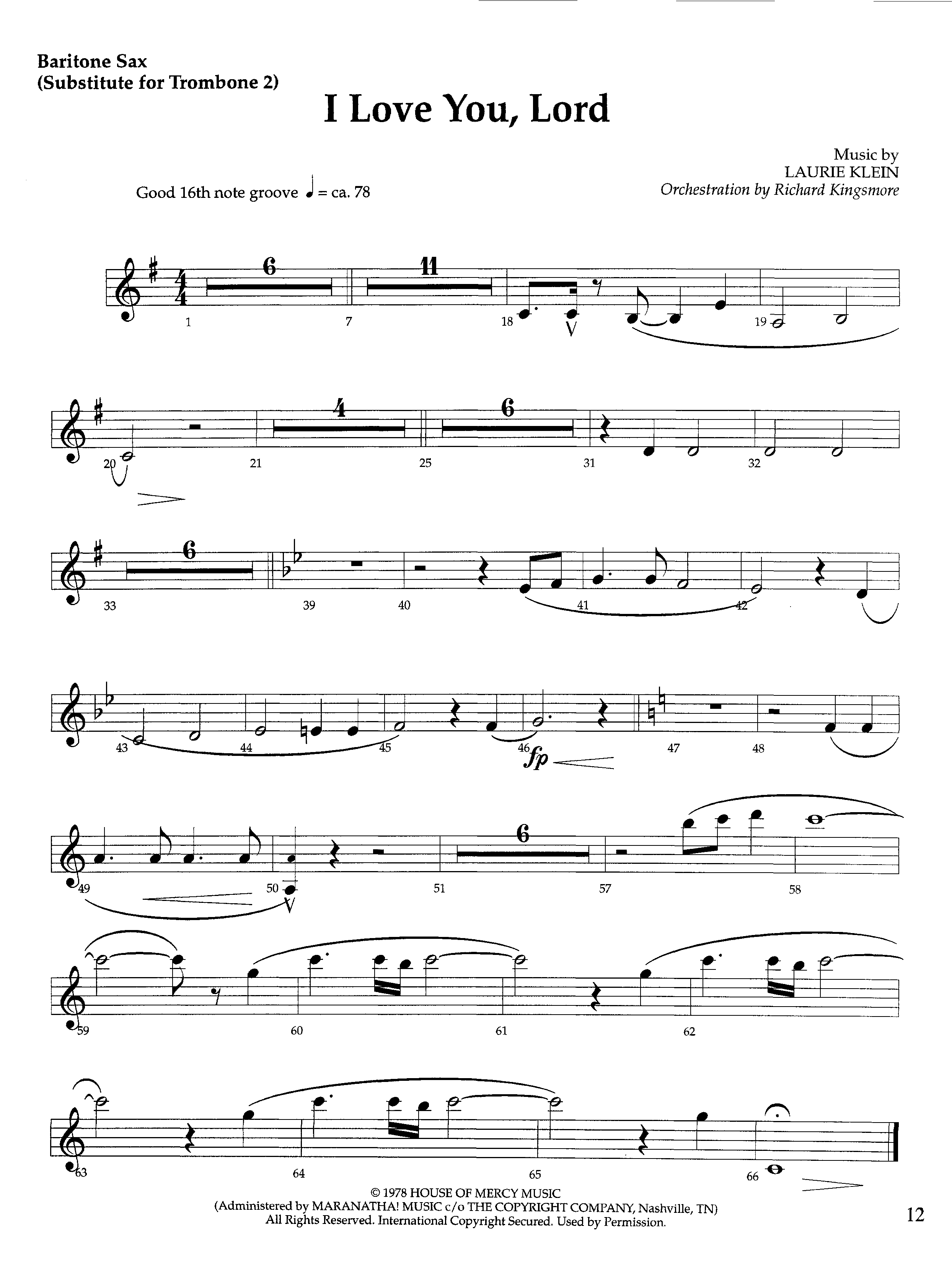 I Love You Lord (Instrumental) Bari Sax (Lifeway Worship / Arr. Richard Kingsmore)