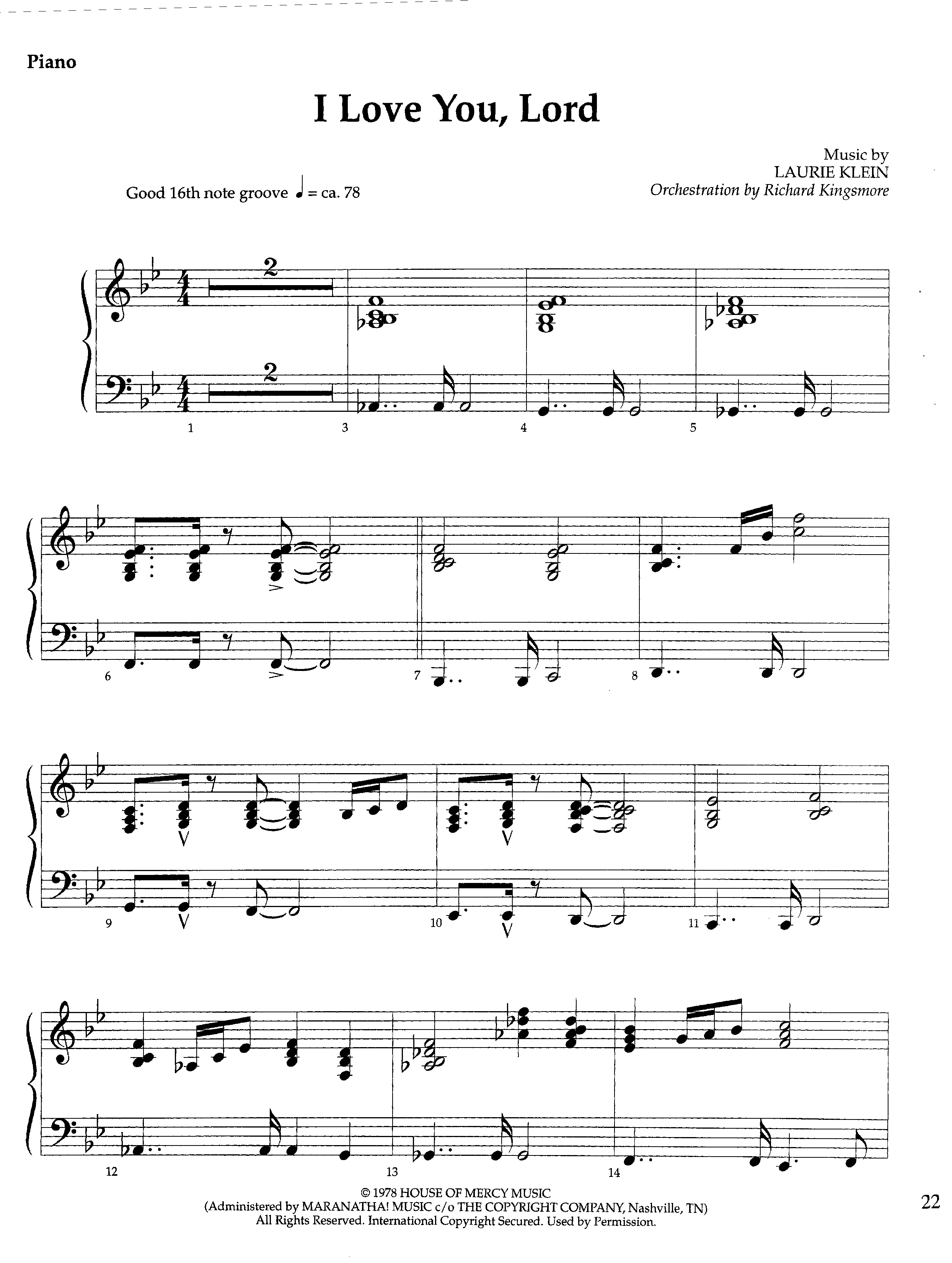 I Love You Lord (Instrumental) Piano Sheet (Lifeway Worship / Arr. Richard Kingsmore)