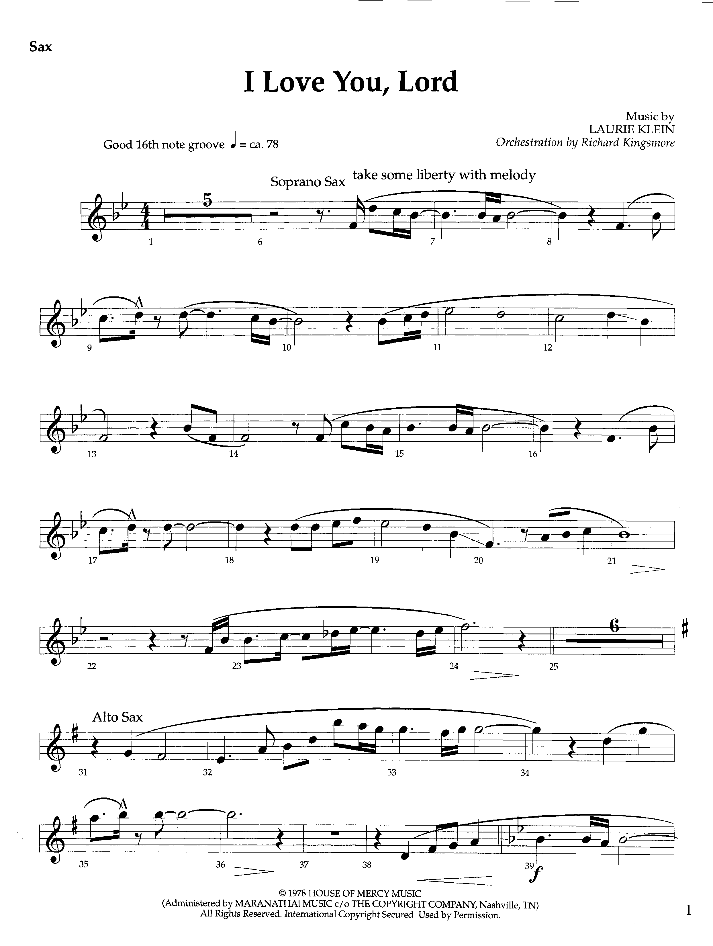 I Love You Lord (Instrumental) Saxophone (Lifeway Worship / Arr. Richard Kingsmore)