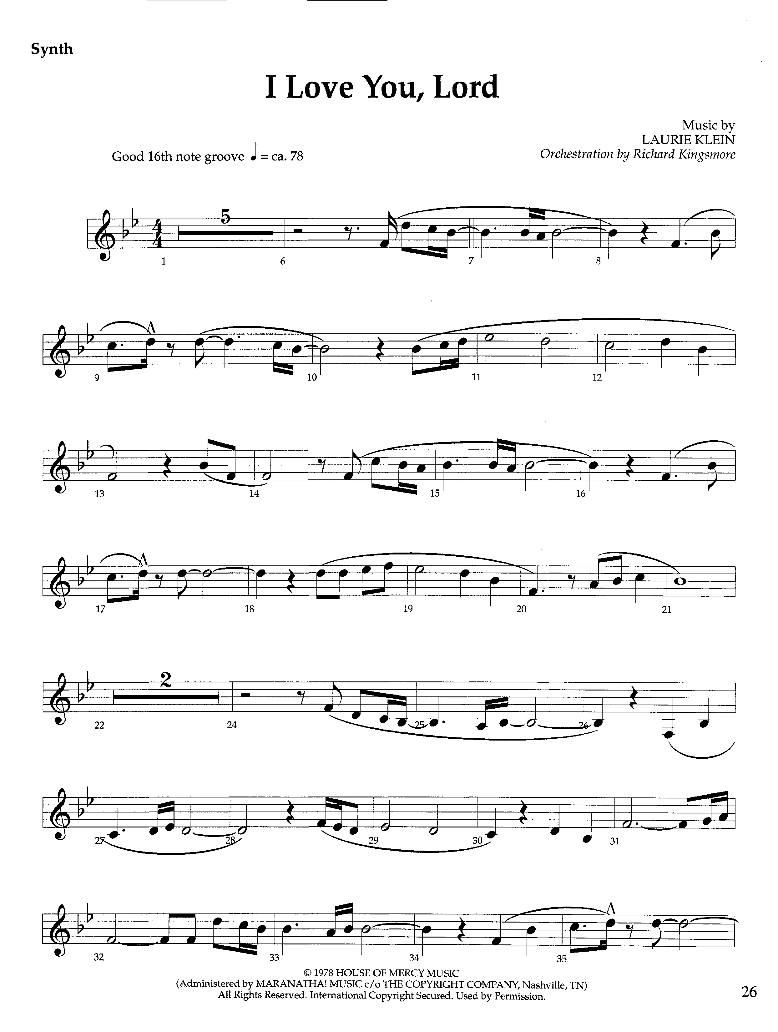 I Love You Lord (Instrumental) Synth (Lifeway Worship / Arr. Richard Kingsmore)