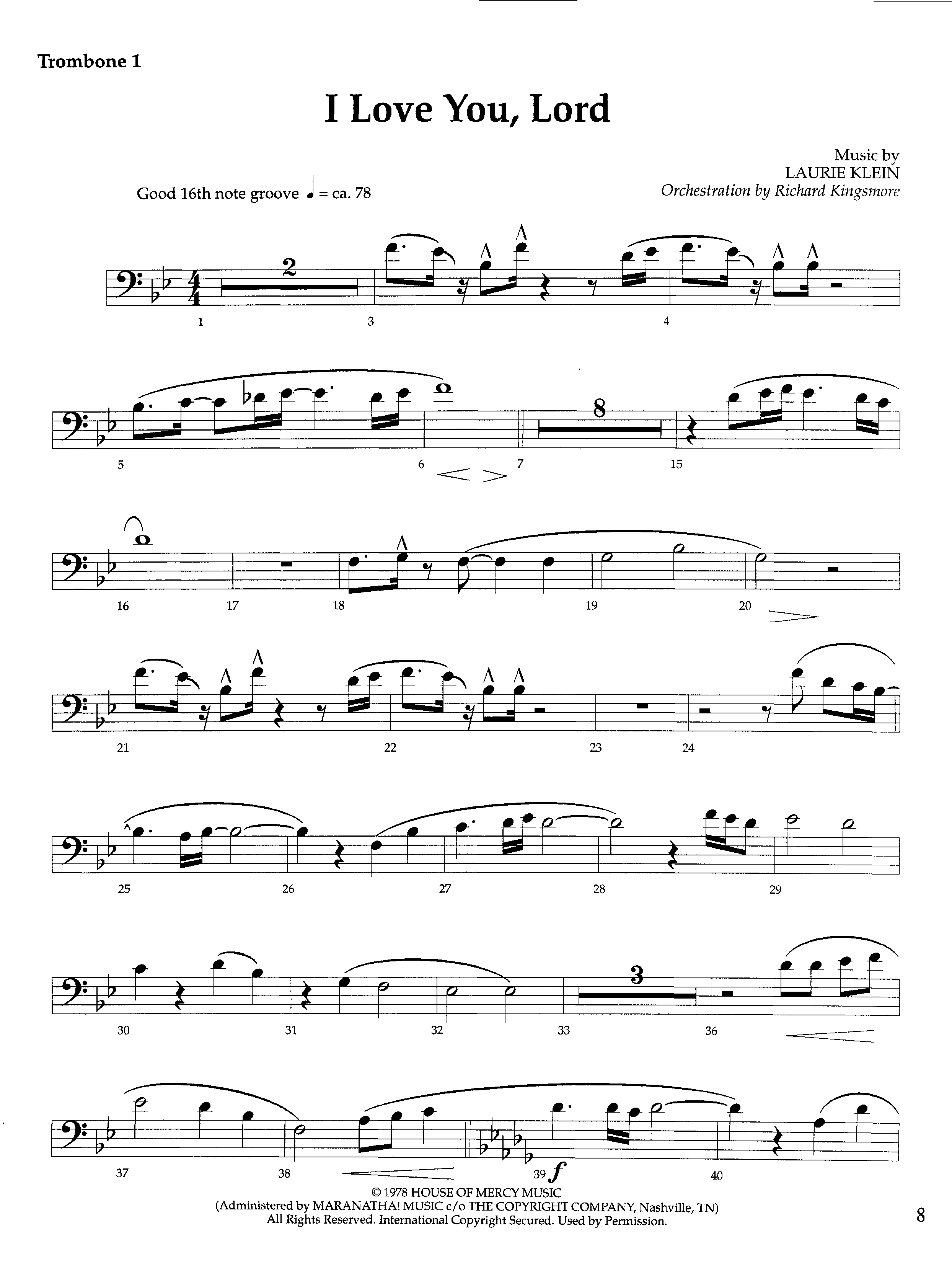 I Love You Lord (Instrumental) Trombone 1 (Lifeway Worship / Arr. Richard Kingsmore)