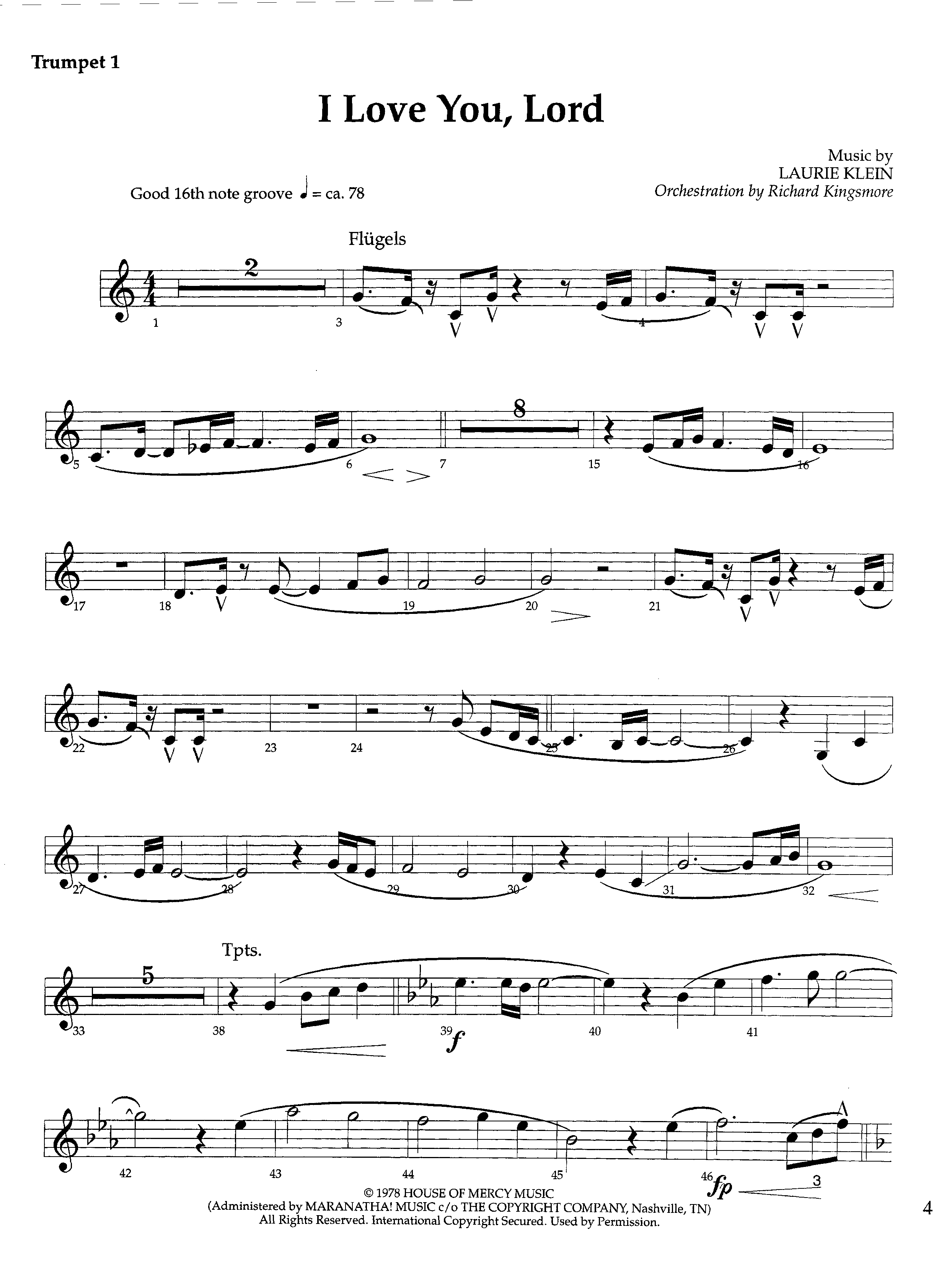 I Love You Lord (Instrumental) Trumpet 1 (Lifeway Worship / Arr. Richard Kingsmore)