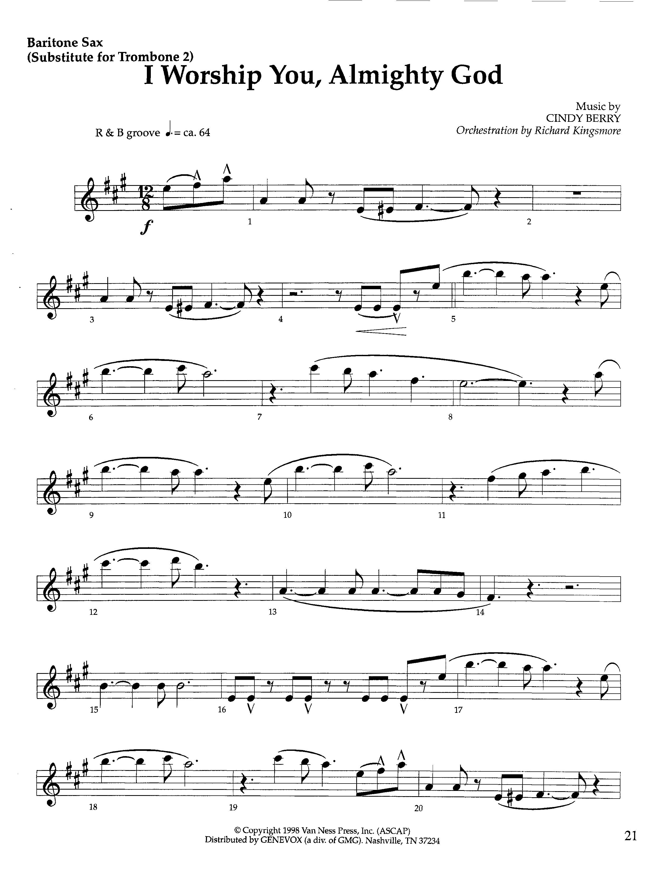 I Worship You Almighty God (Instrumental) Bari Sax (Lifeway Worship / Orch. Richard Kingsmore)