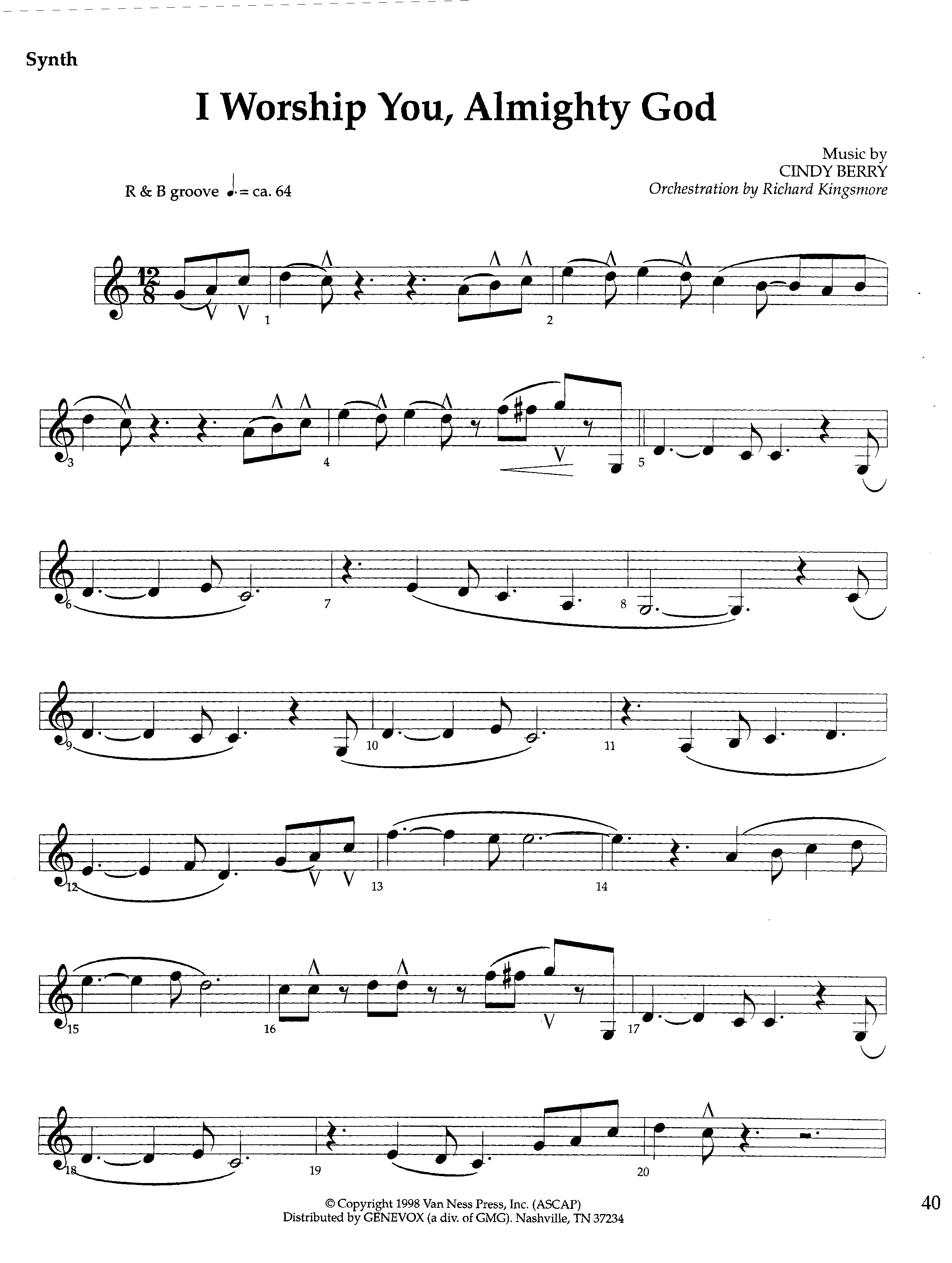 I Worship You Almighty God (Instrumental) Synth (Lifeway Worship / Orch. Richard Kingsmore)