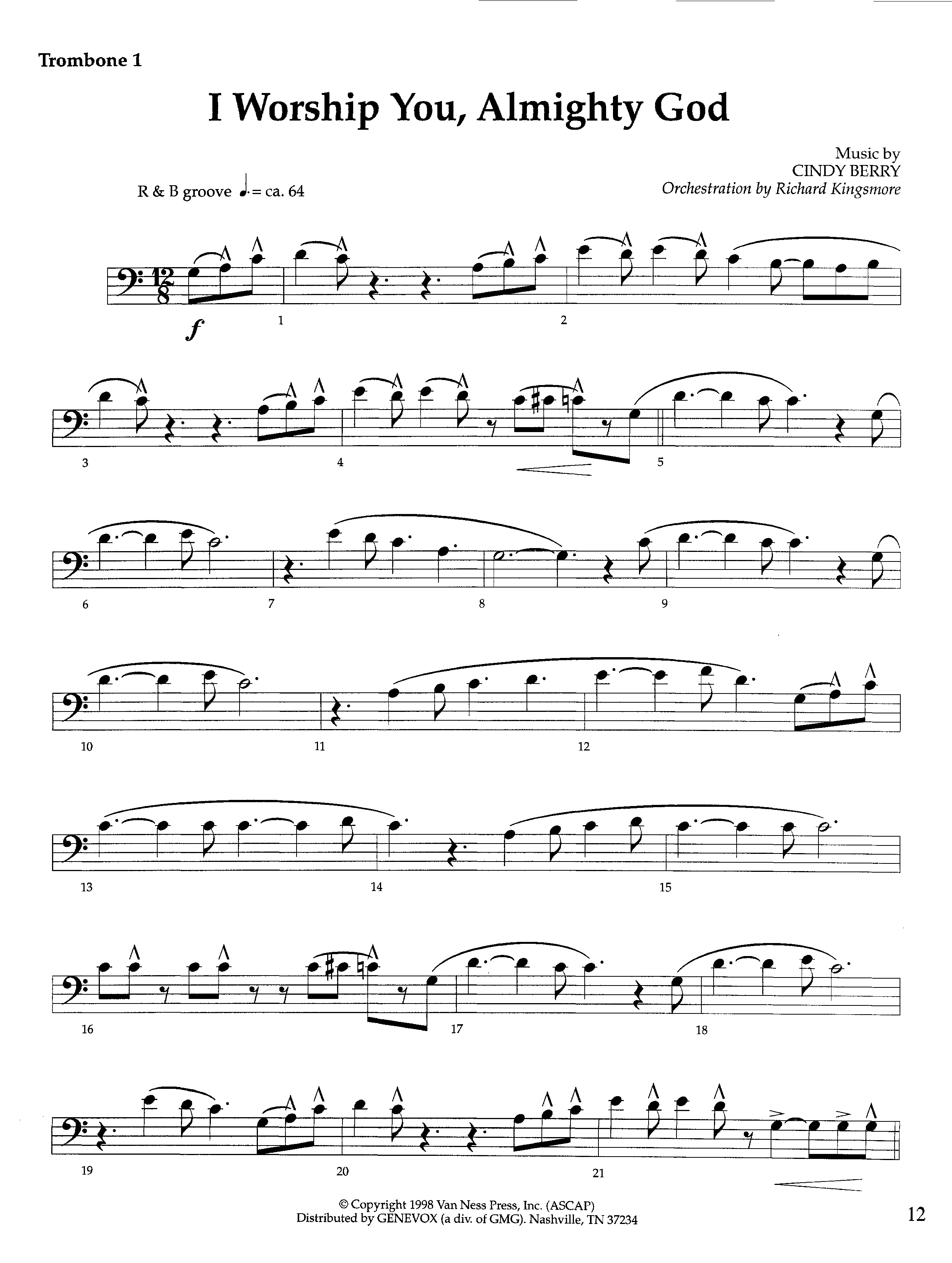 I Worship You Almighty God (Instrumental) Trombone 1 (Lifeway Worship / Orch. Richard Kingsmore)