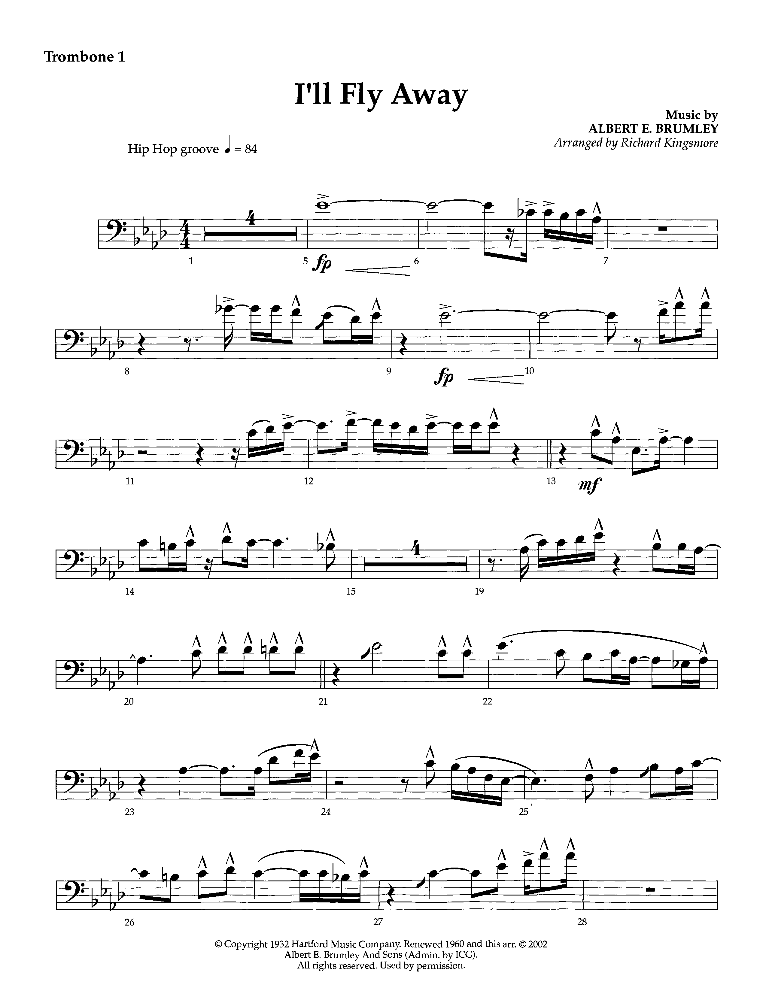 I'll Fly Away (Instrumental) Trombone 1 (Lifeway Worship / Arr. Richard Kingsmore)