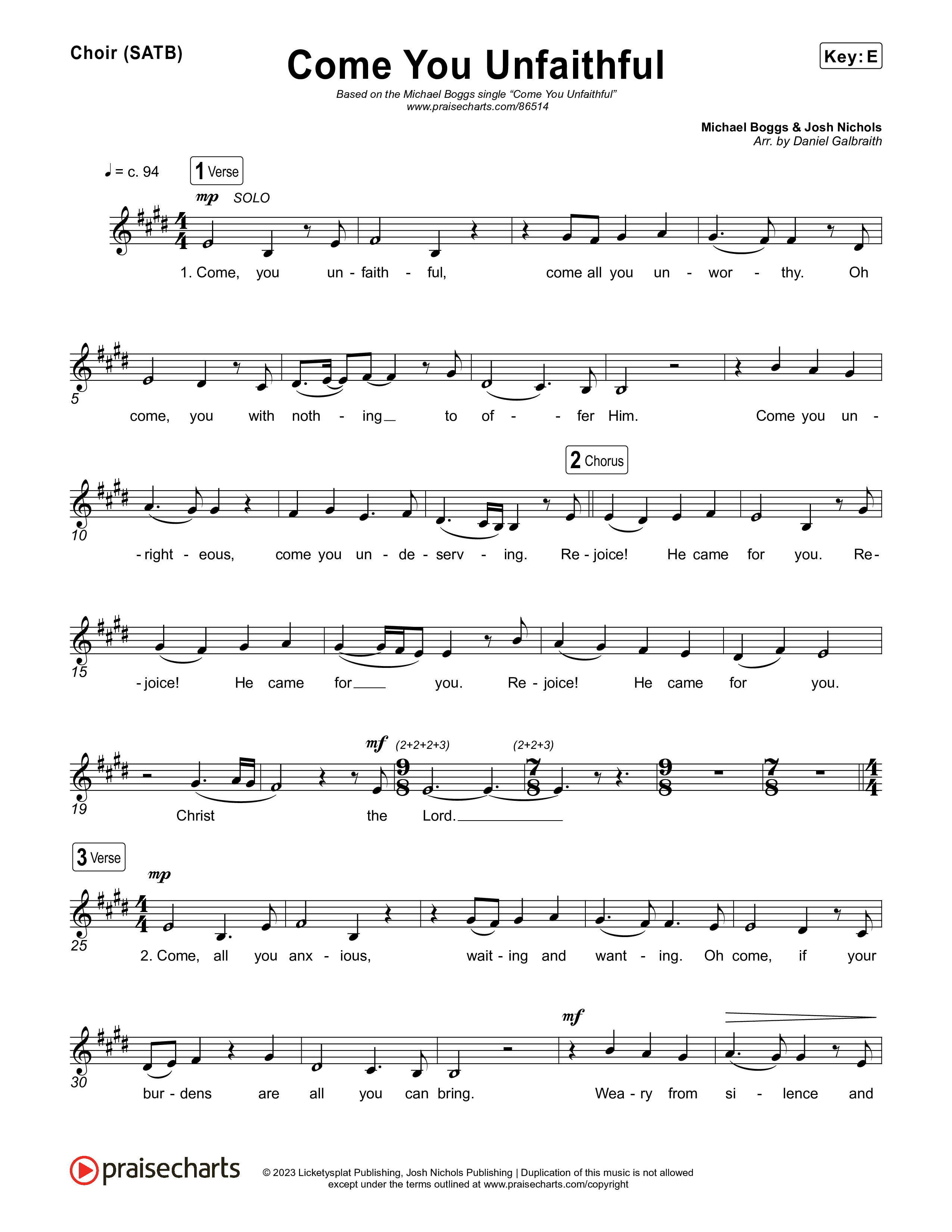 Come You Unfaithful Choir Sheet (SATB) (Michael Boggs)