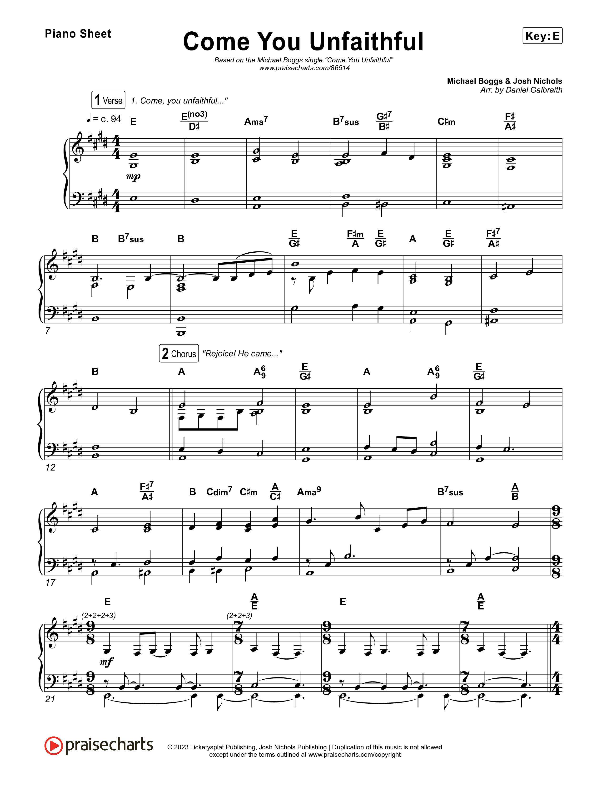 Come You Unfaithful Piano Sheet (Michael Boggs)