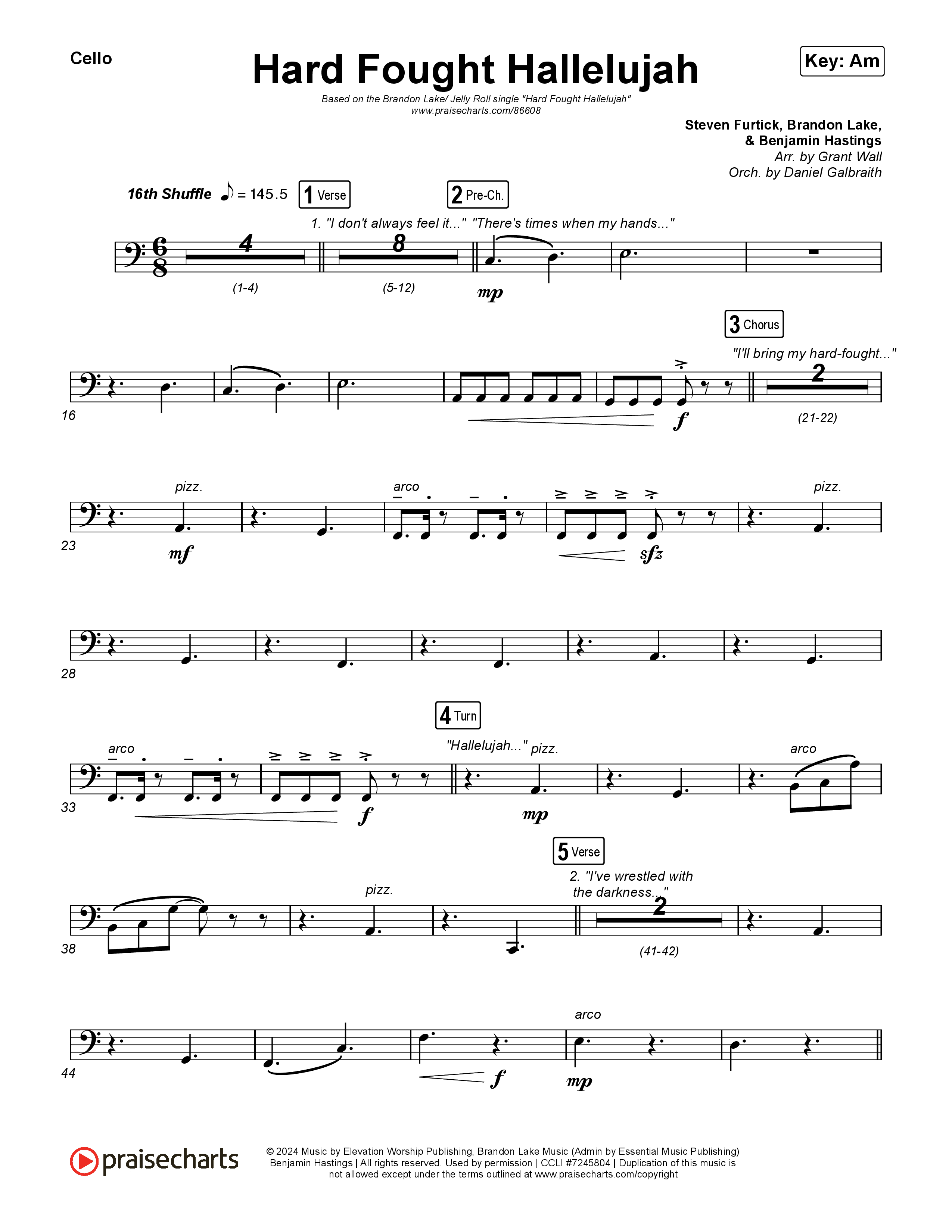 Hard Fought Hallelujah (with Jelly Roll) Cello (Brandon Lake / Jelly Roll)