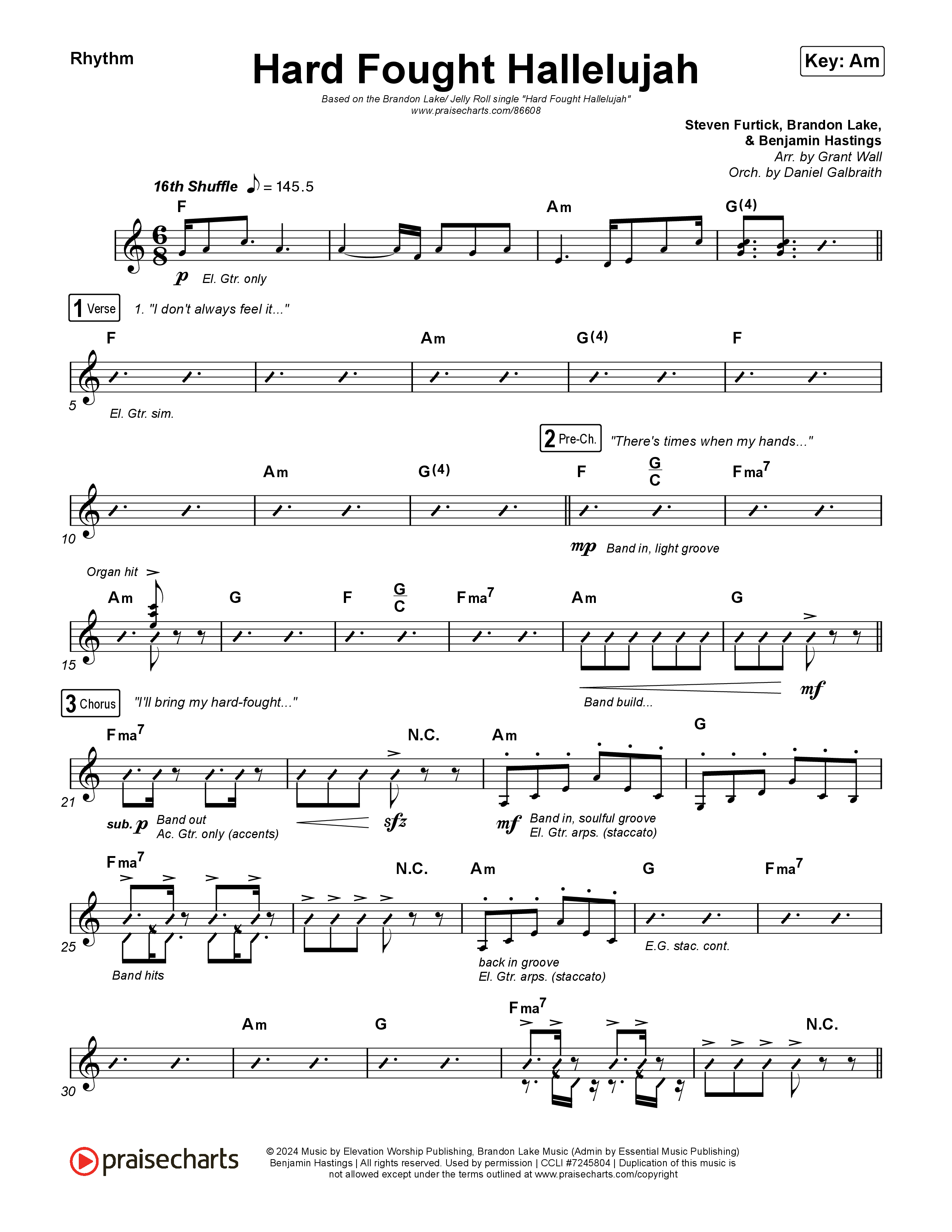 Hard Fought Hallelujah (with Jelly Roll) Rhythm Chart (Brandon Lake / Jelly Roll)