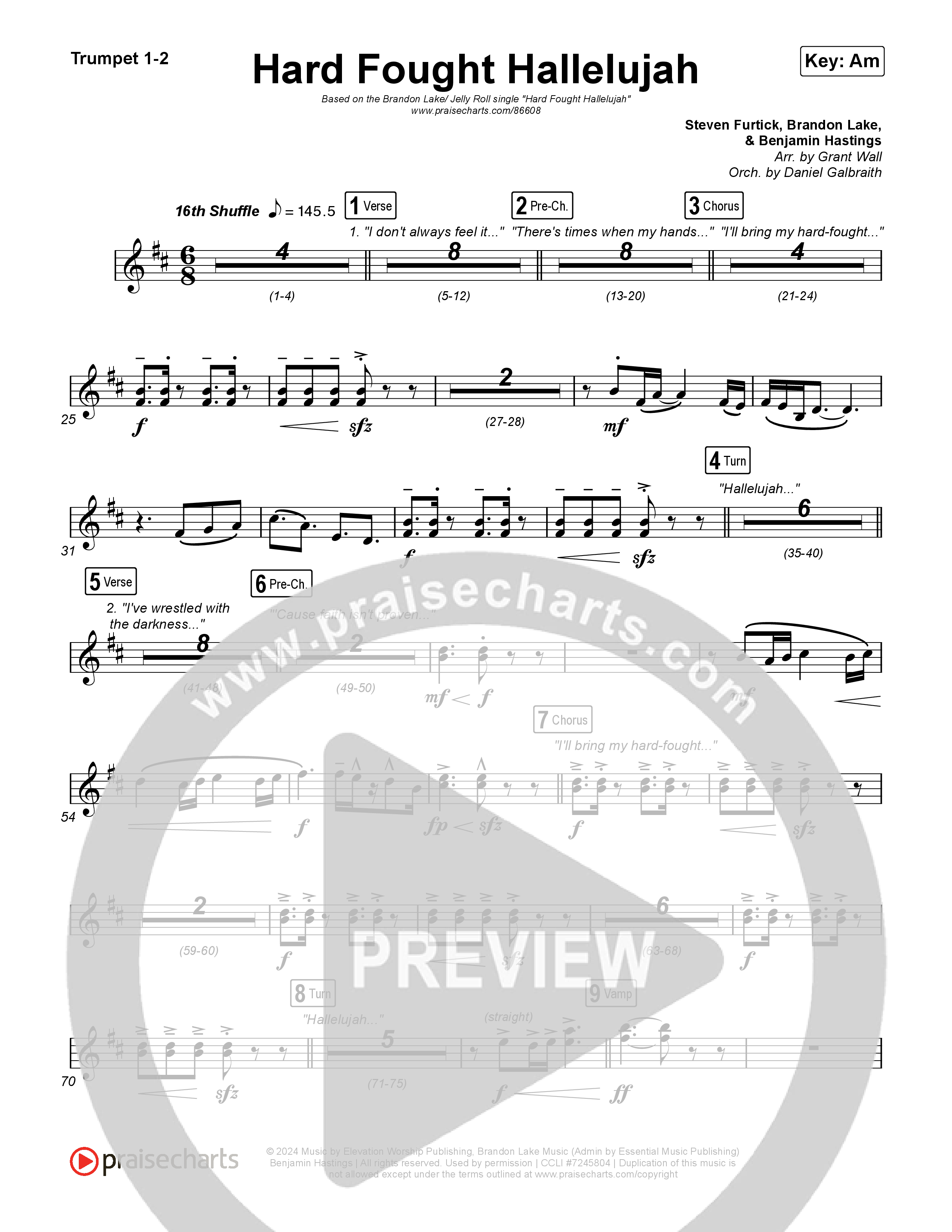 Hard Fought Hallelujah (with Jelly Roll) Trumpet 1,2 (Brandon Lake / Jelly Roll)