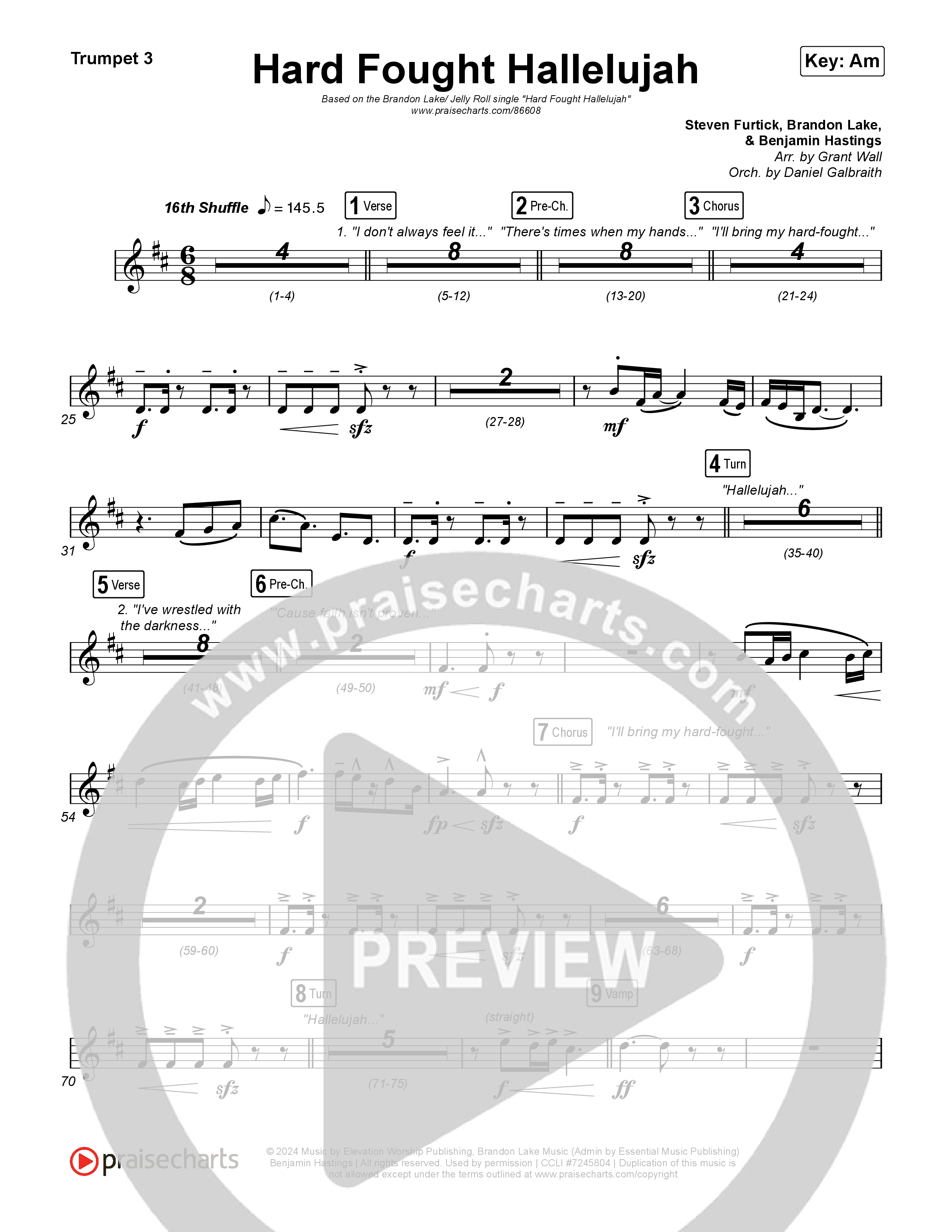 Hard Fought Hallelujah (with Jelly Roll) Trumpet 3 (Brandon Lake / Jelly Roll)