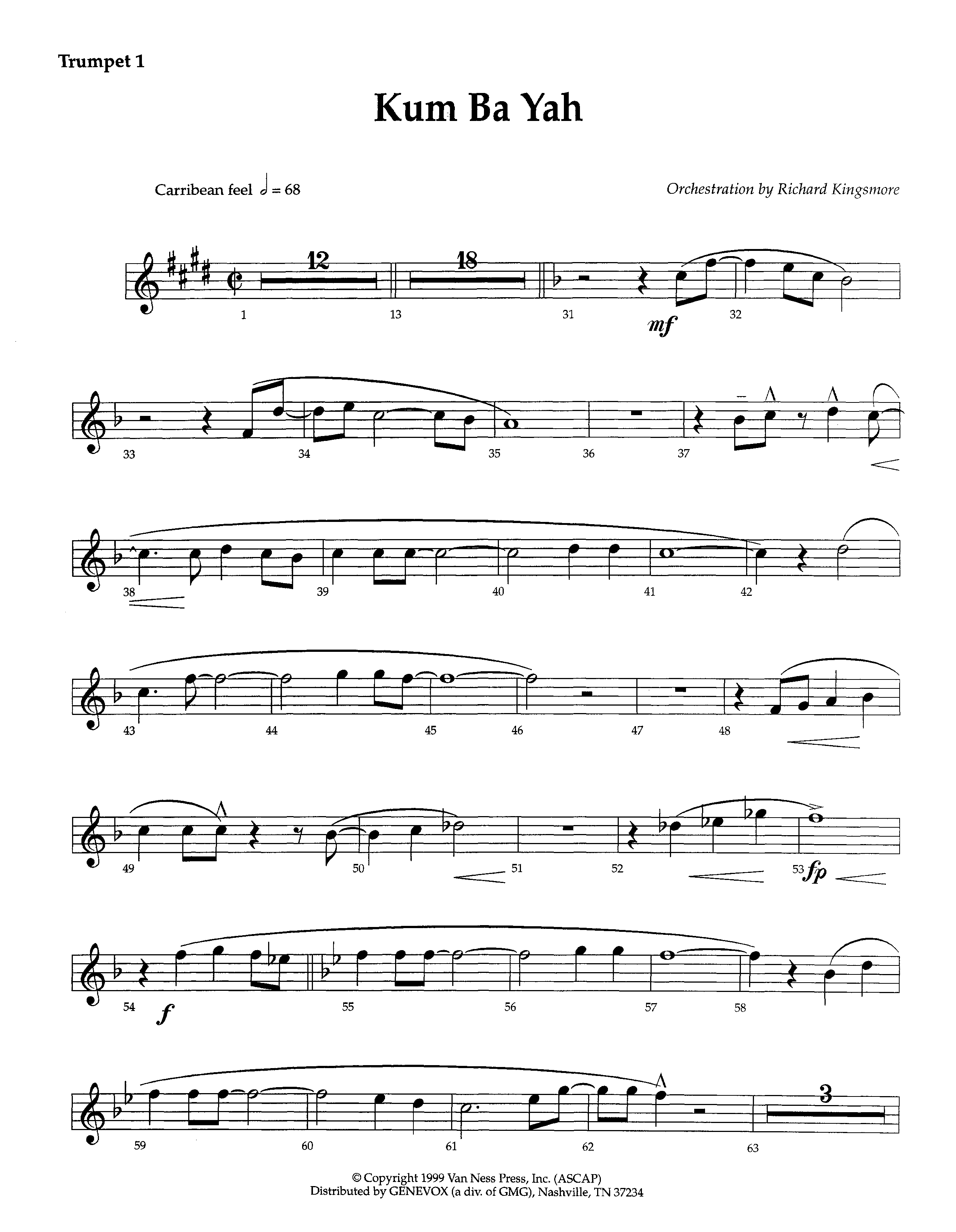 Kum Ba Yah (Instrumental) Trumpet 1 (Lifeway Worship / Arr. Richard Kingsmore)