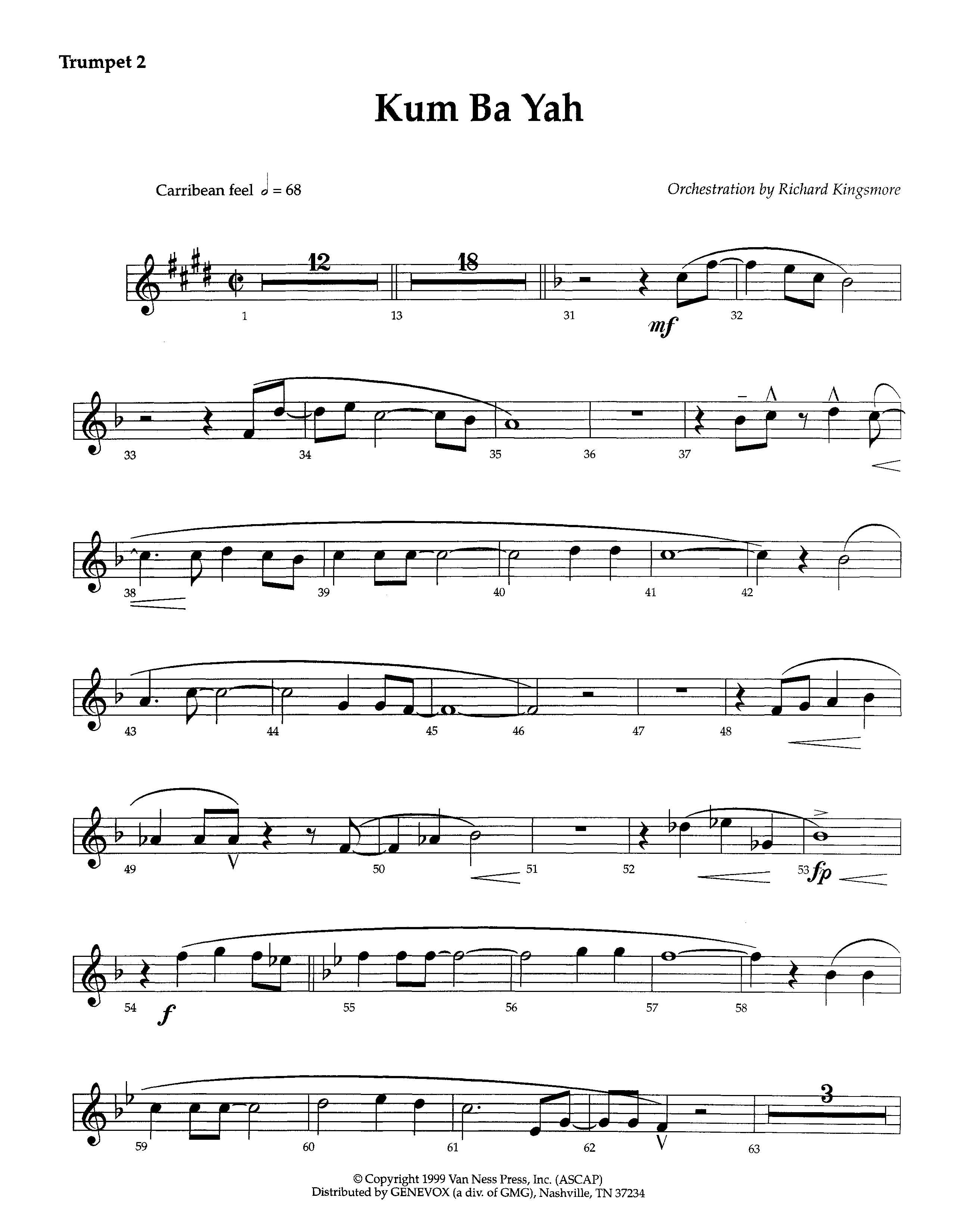 Kum Ba Yah (Instrumental) Trumpet 2 (Lifeway Worship / Arr. Richard Kingsmore)
