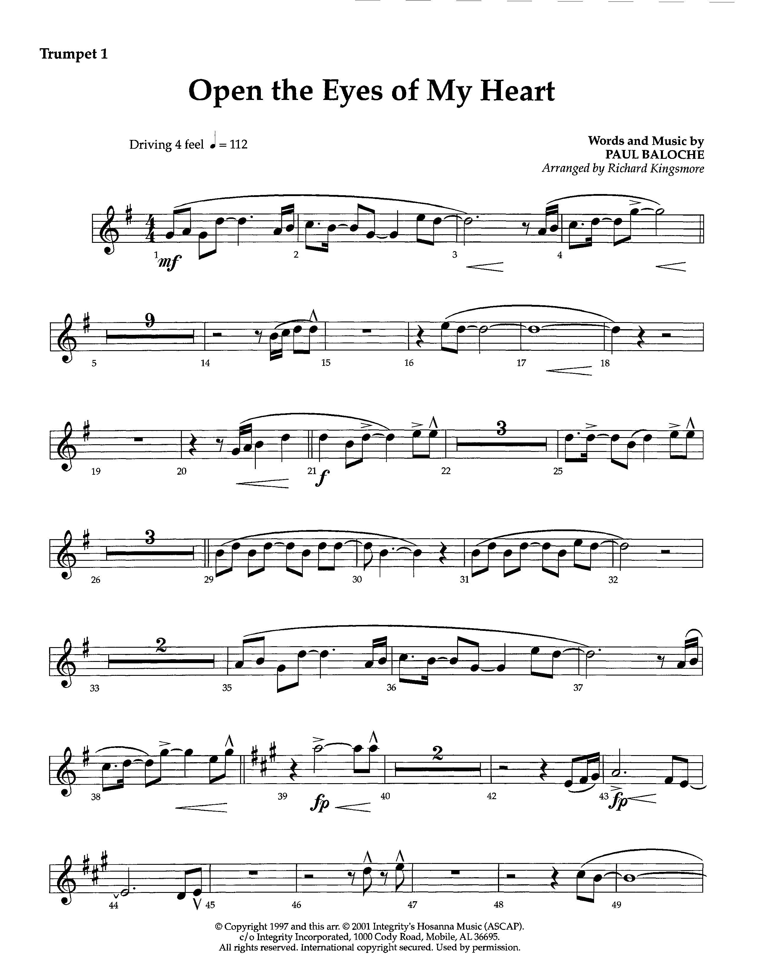 Open The Eyes Of My Heart (Instrumental) Trumpet 1 (Lifeway Worship / Arr. Richard Kingsmore)