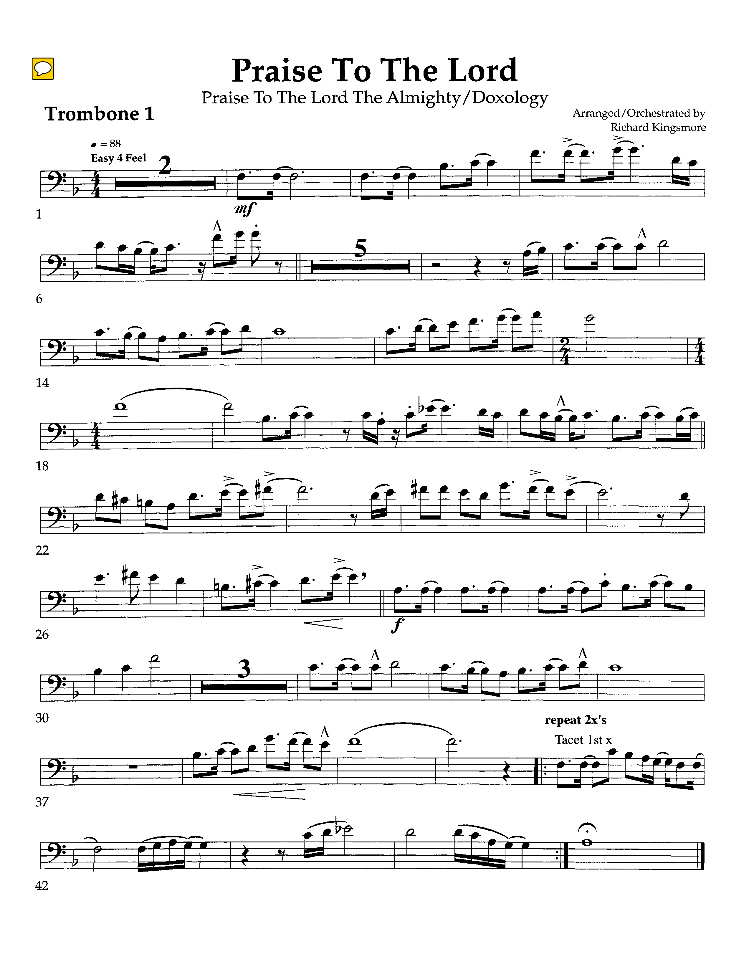 Praise To The Lord (Instrumental) Trombone 1 (Arr. Richard Kingsmore / Lifeway Worship)