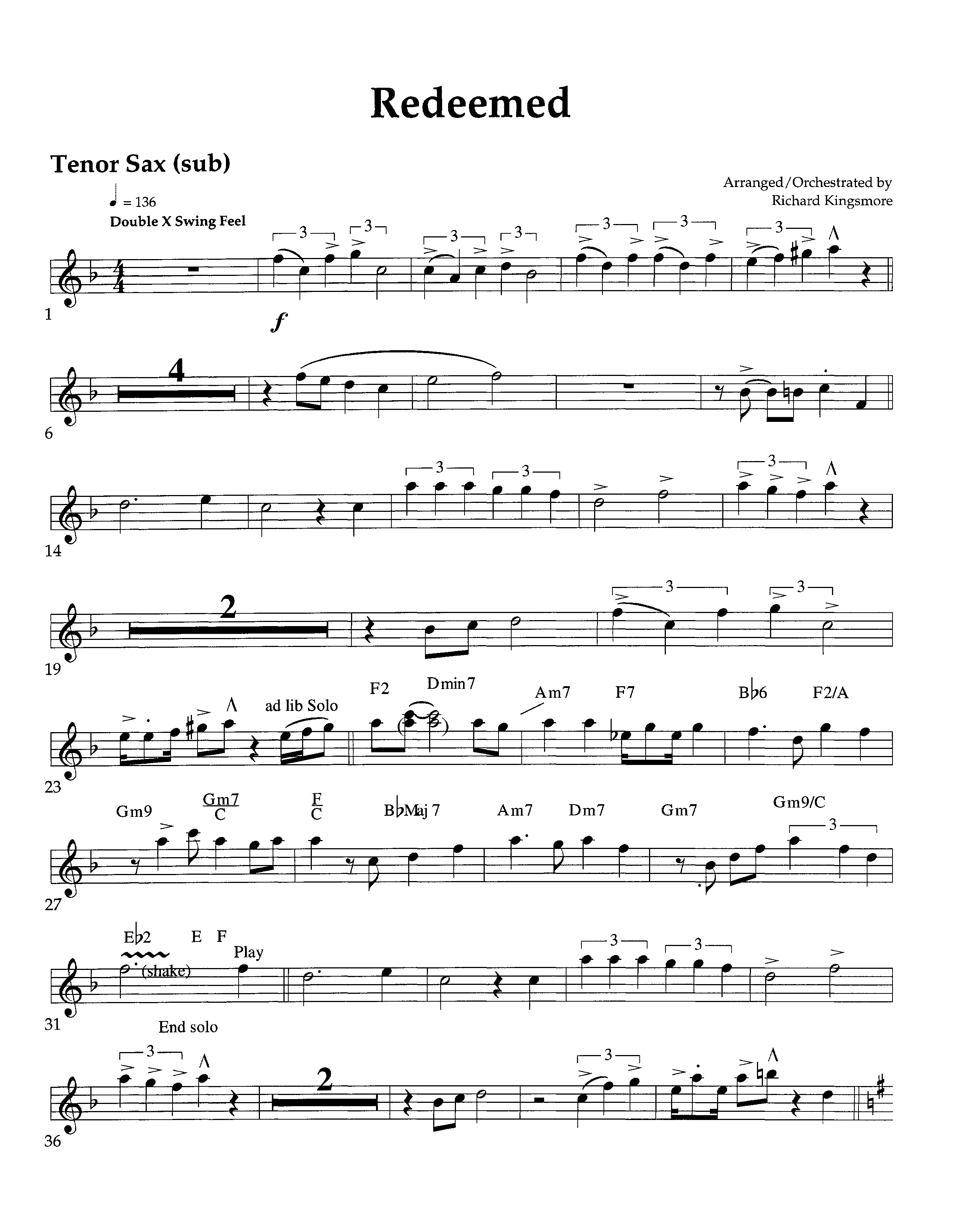 Redeemed (Instrumental) Tenor Sax 1 (Lifeway Worship / Arr. Richard Kingsmore)