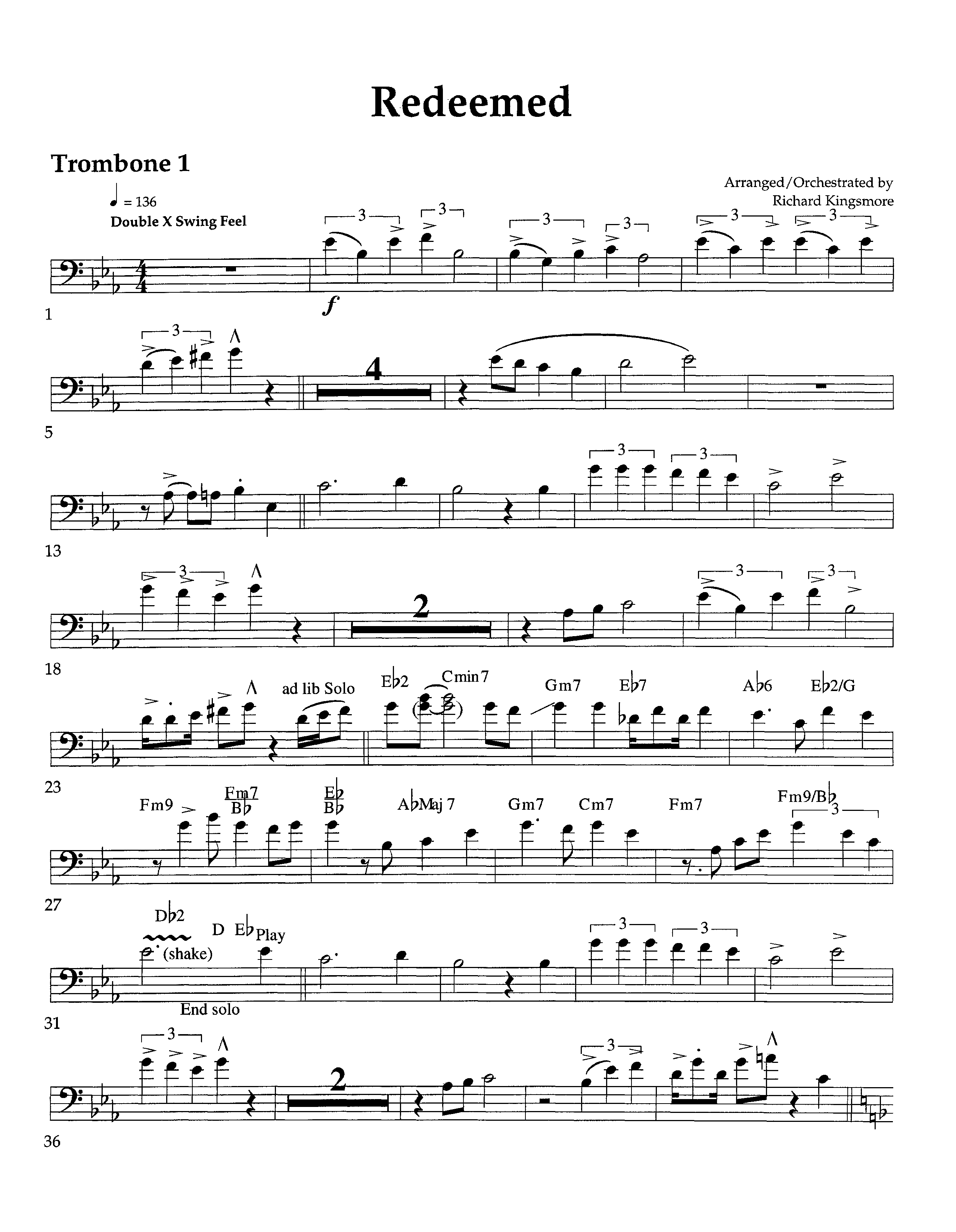 Redeemed (Instrumental) Trombone 1 (Lifeway Worship / Arr. Richard Kingsmore)