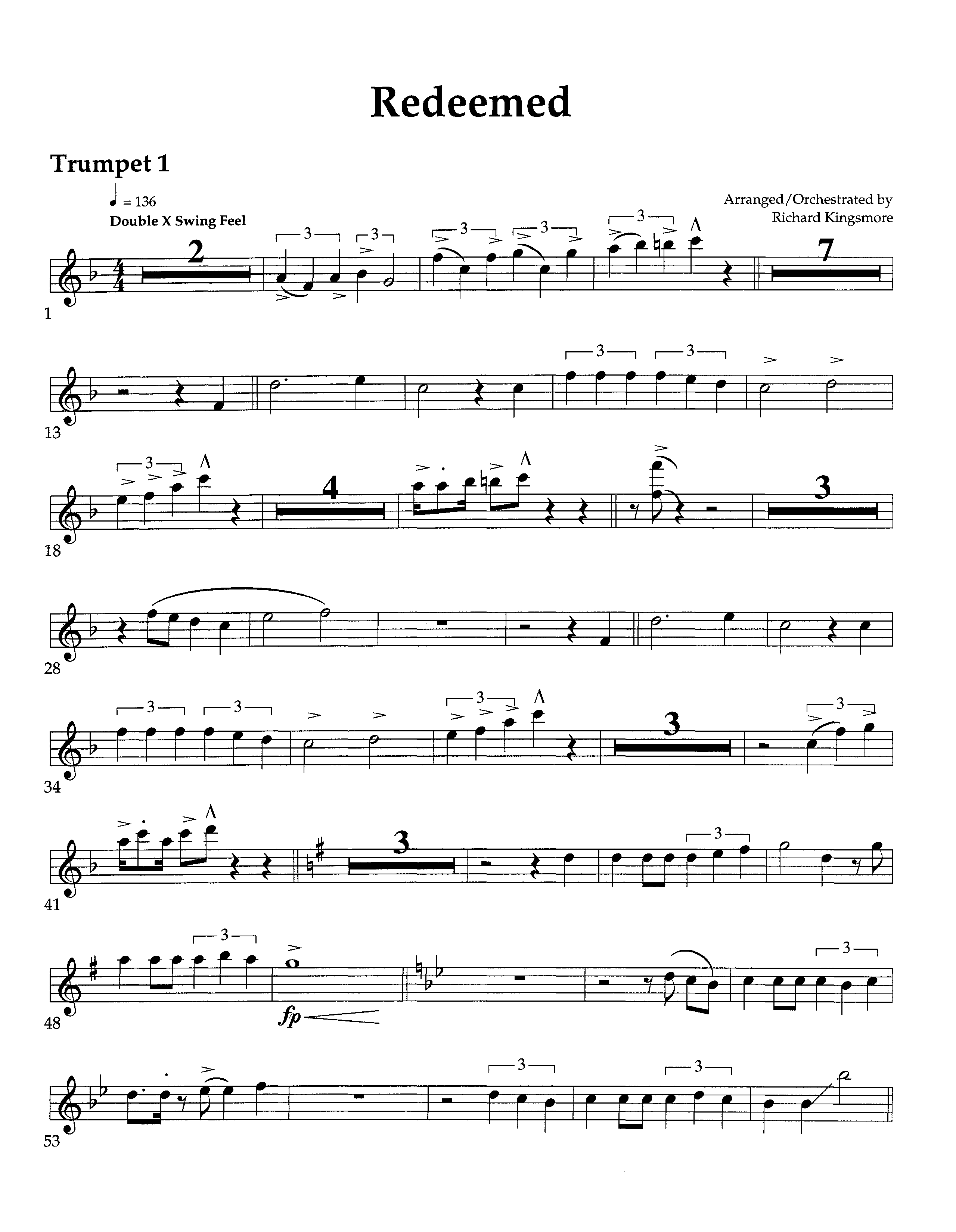 Redeemed (Instrumental) Trumpet 1 (Lifeway Worship / Arr. Richard Kingsmore)