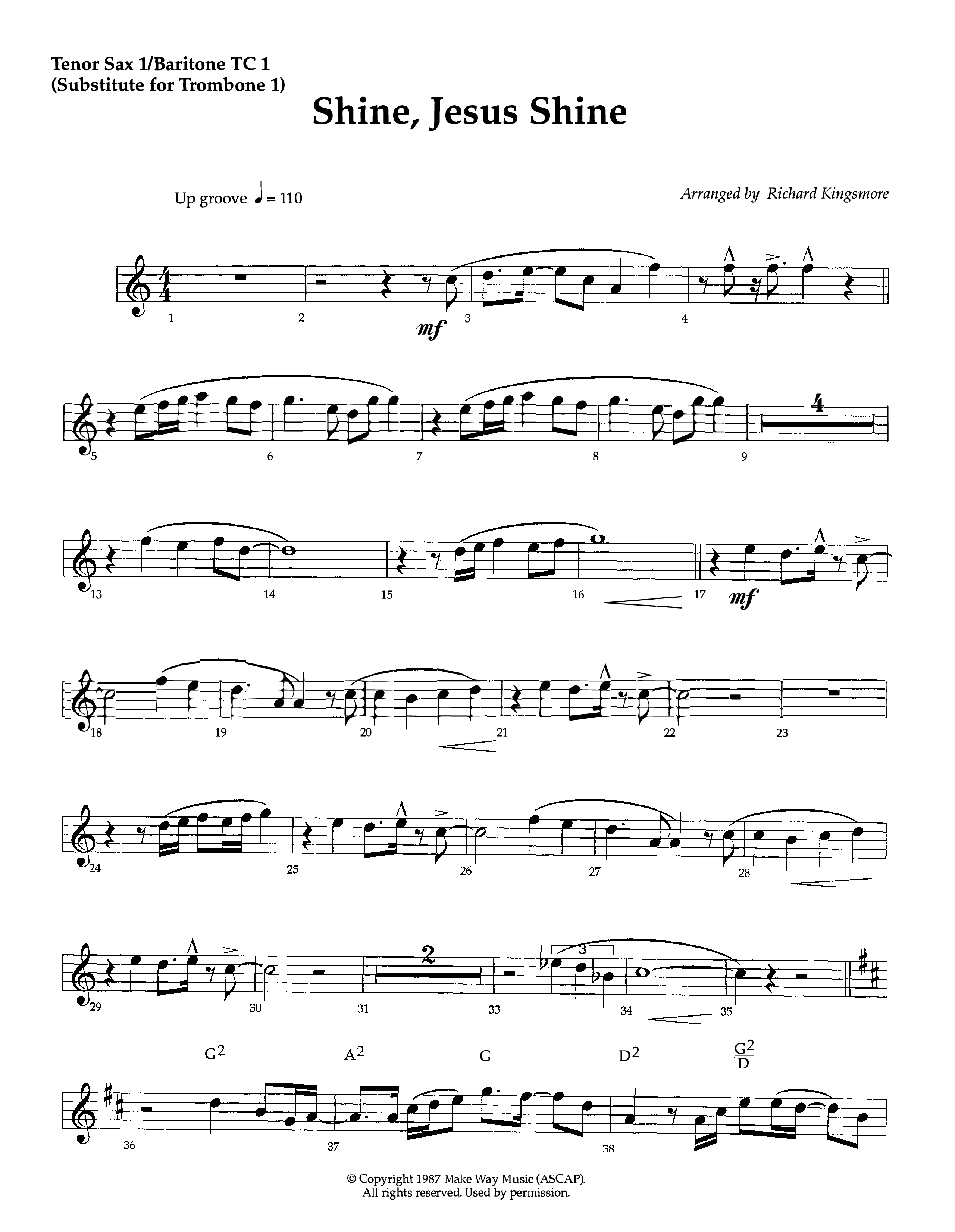 Shine Jesus Shine (Instrumental) Tenor Sax/Baritone T.C. (Lifeway Worship / Arr. Richard Kingsmore)