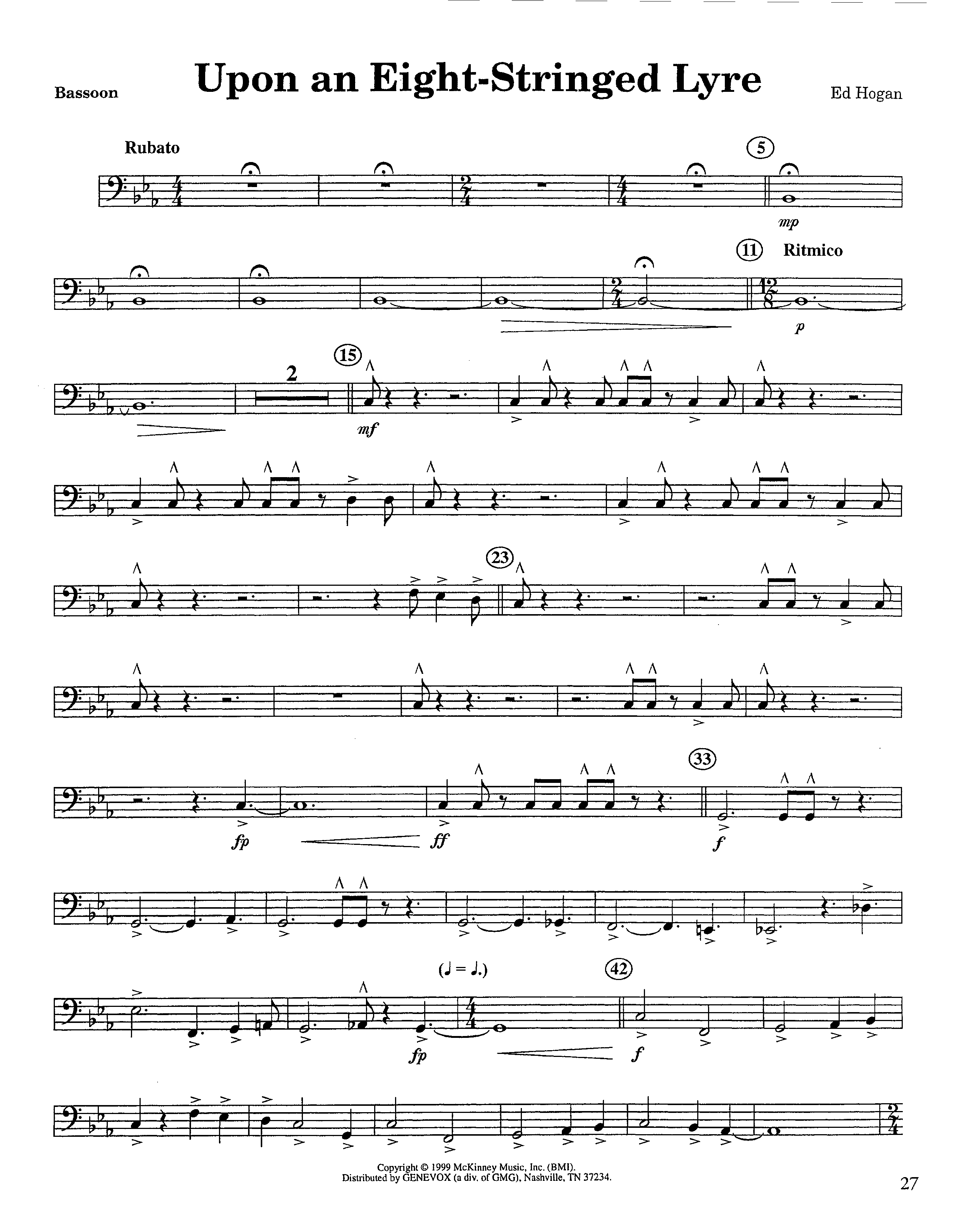 Upon An Eight-Stringed Lyre (Instrumental) Bassoon (Lifeway Worship / Arr. Ed Hogan)