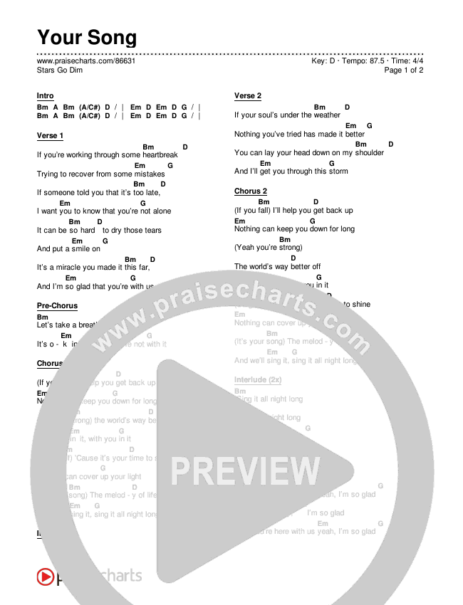 Your Song Chords & Lyrics (Stars Go Dim)