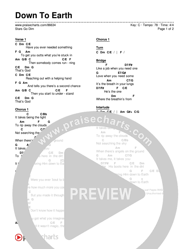Down To Earth Chords & Lyrics (Stars Go Dim)