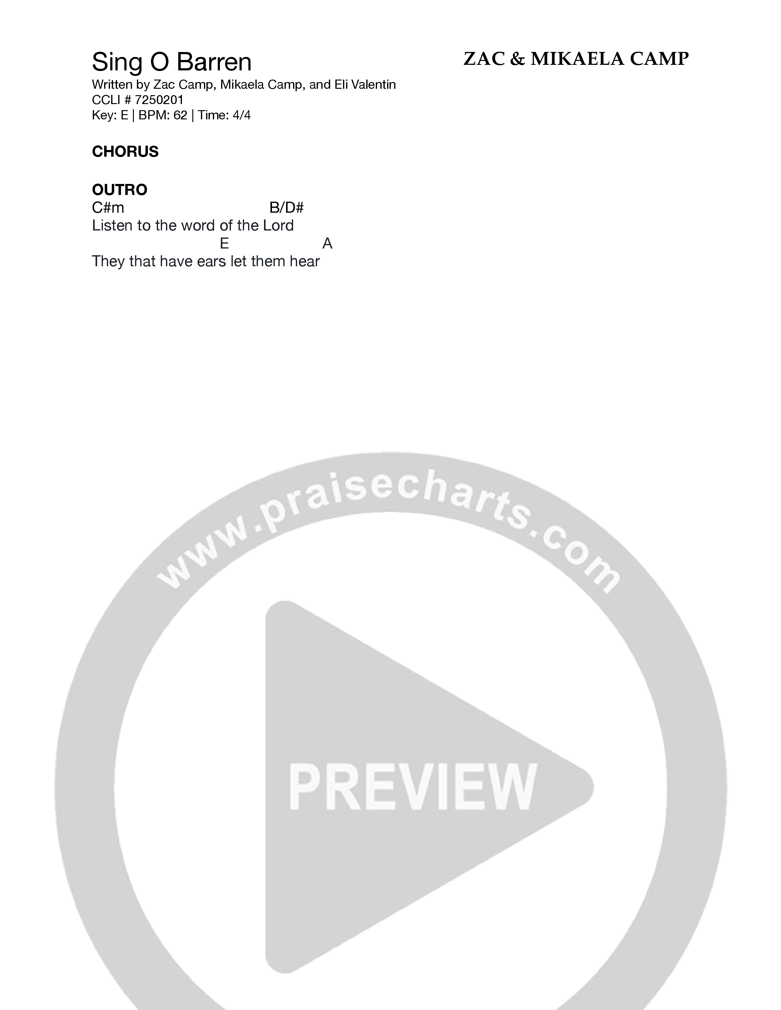 Sing O Barren Chord Chart (Zac & Mikaela Camp)