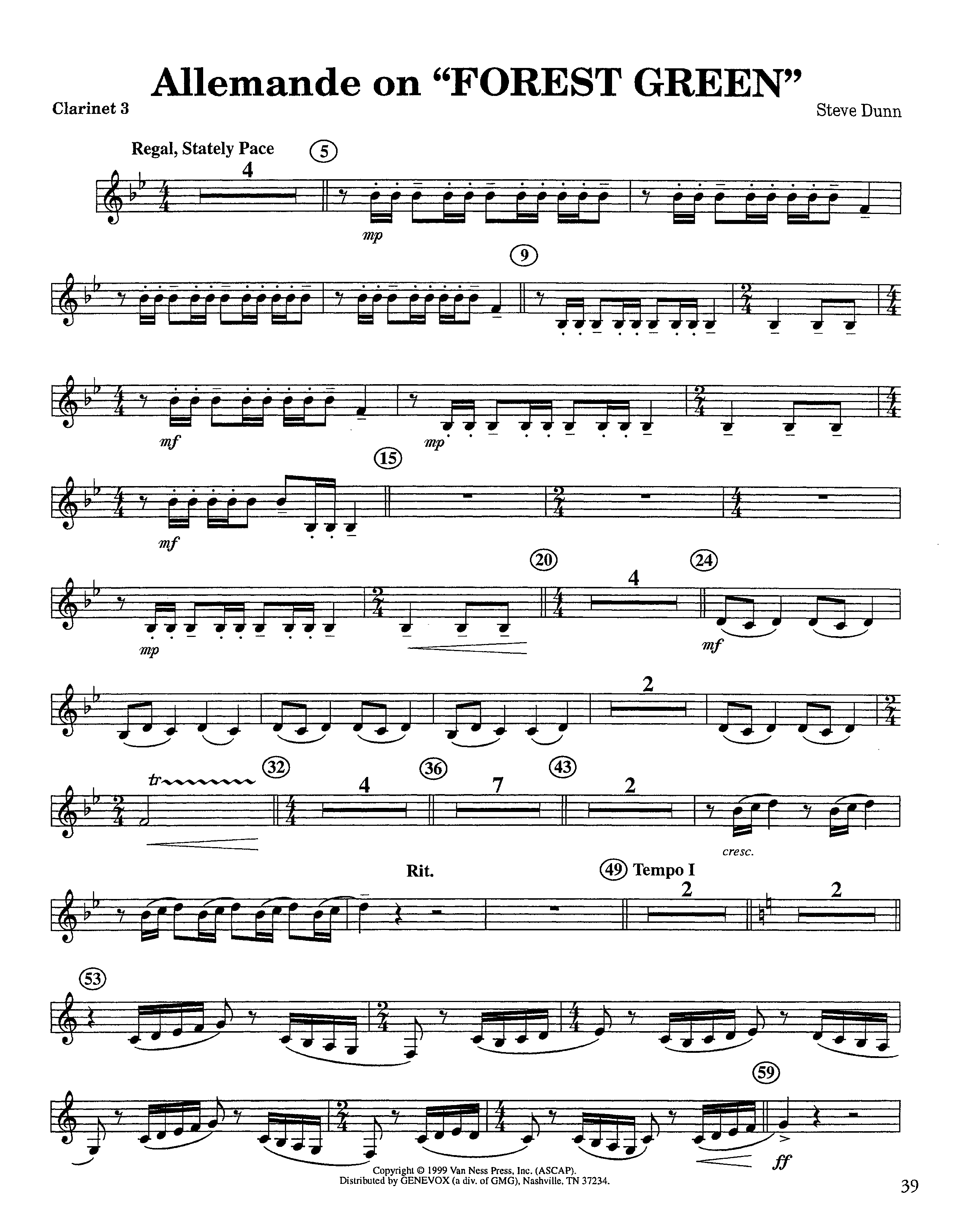 Allemande On Forest Green (Instrumental) Clarinet 3 (Lifeway Worship / Arr. Steve Dunn)