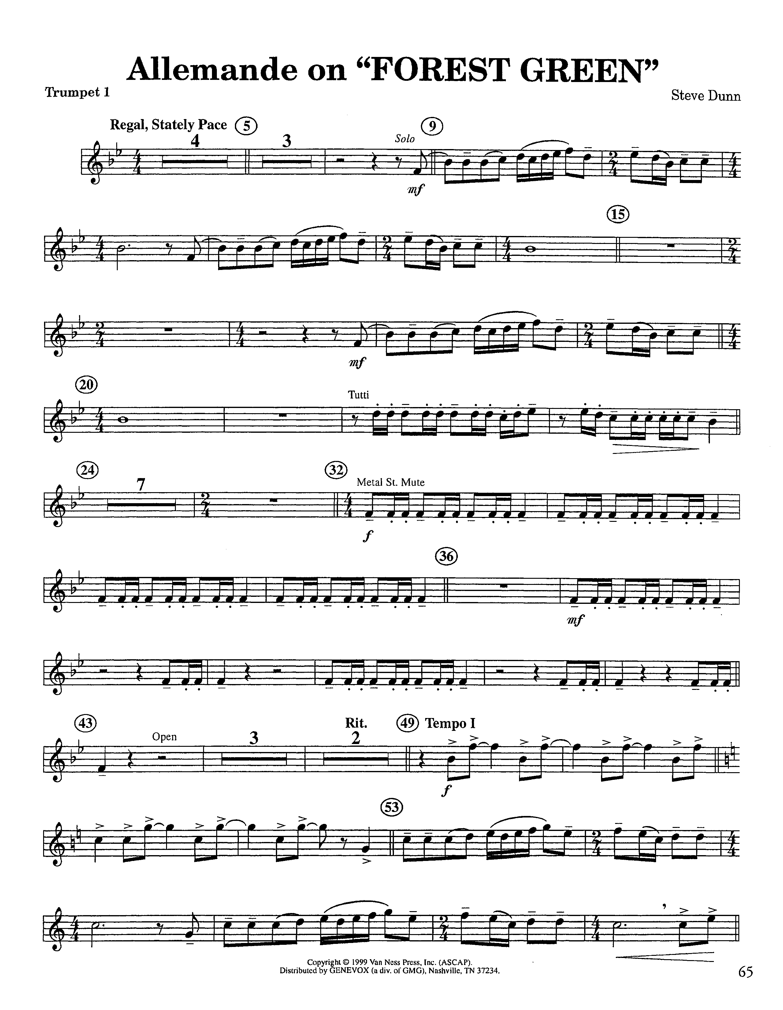 Allemande On Forest Green (Instrumental) Trumpet 1 (Lifeway Worship / Arr. Steve Dunn)